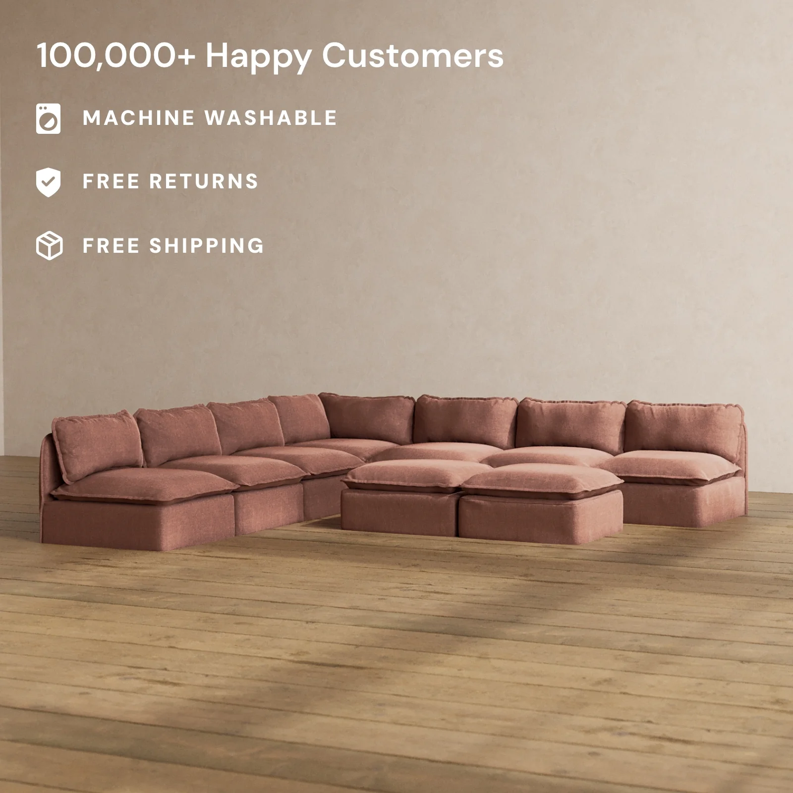 Modular Washable 7-Seater Open-Ends Corner Sectional + Bench Ottoman in Chestnut | Deluxe+ Seat | Cloud Pillow - Image 2