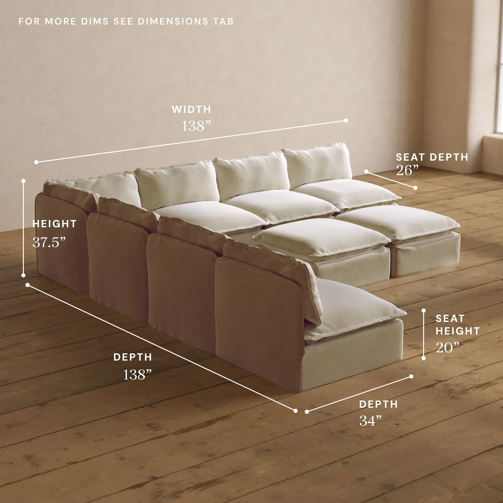 Modular Washable 7-Seater Open-Ends Corner Sectional + Bench Ottoman in Coco | Memorix+ Seat | Contour Pillow - Image 5