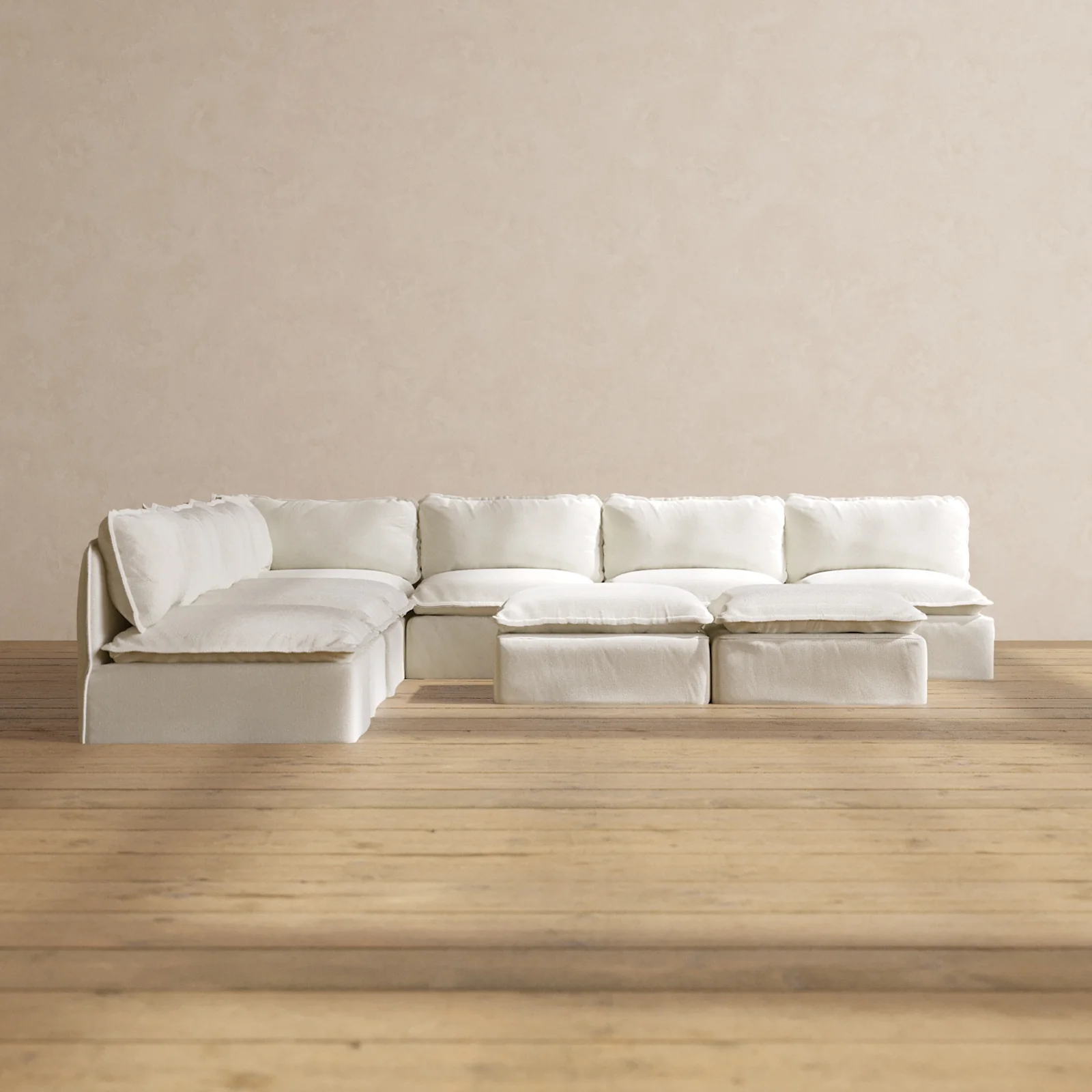 Modular Washable 7-Seater Open-Ends Corner Sectional + Bench Ottoman in Eggshell | Deluxe+ Seat | Cloud Pillow