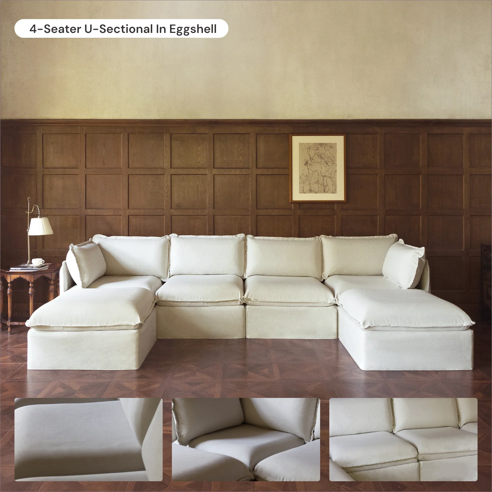 Modular Washable 7-Seater Open-Ends Corner Sectional + Bench Ottoman in Eggshell | Deluxe+ Seat | Cloud Pillow - Image 7