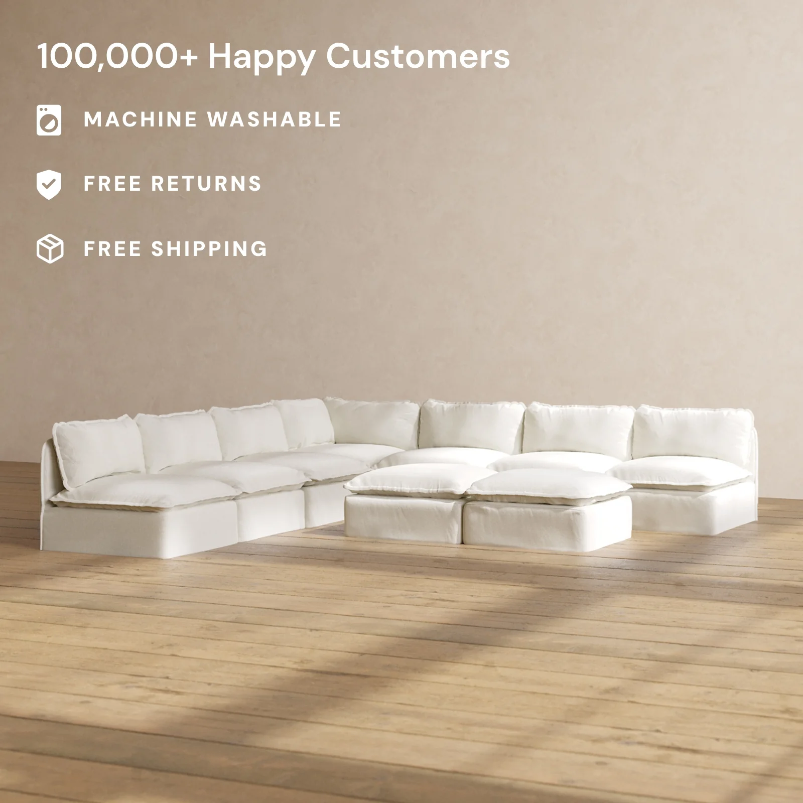 Modular Washable 7-Seater Open-Ends Corner Sectional + Bench Ottoman in Eggshell | Memorix+ Seat | Contour Pillow - Image 2