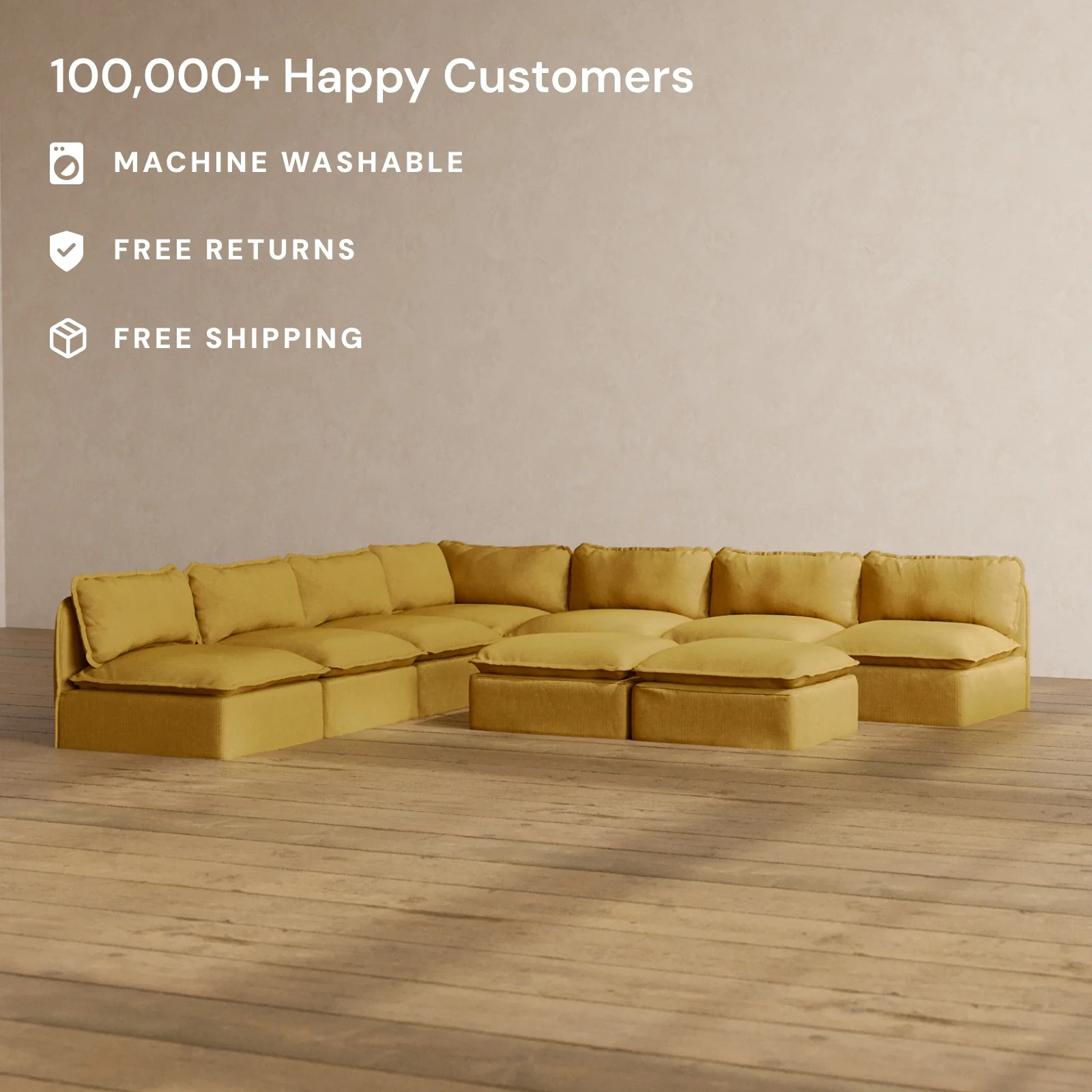 Modular Washable 7-Seater Open-Ends Corner Sectional + Bench Ottoman in Kiiro | Memorix+ Seat | Contour Pillow - Image 2