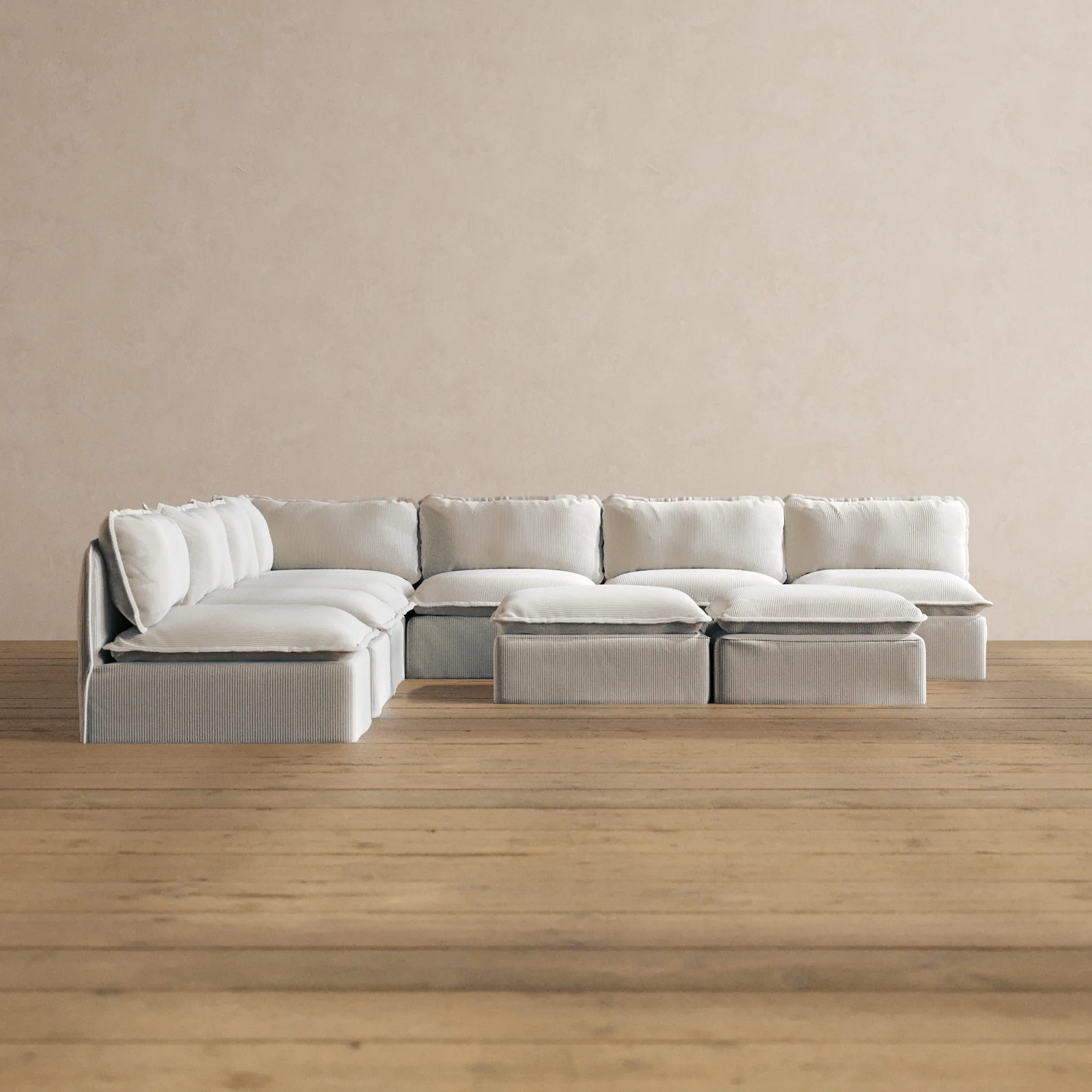 Modular Washable 7-Seater Open-Ends Corner Sectional + Bench Ottoman in Milk | Deluxe+ Seat | Cloud Pillow