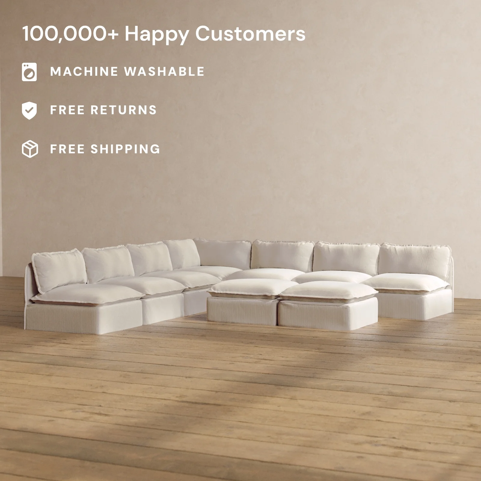 Modular Washable 7-Seater Open-Ends Corner Sectional + Bench Ottoman in Milk | Deluxe+ Seat | Cloud Pillow - Image 2