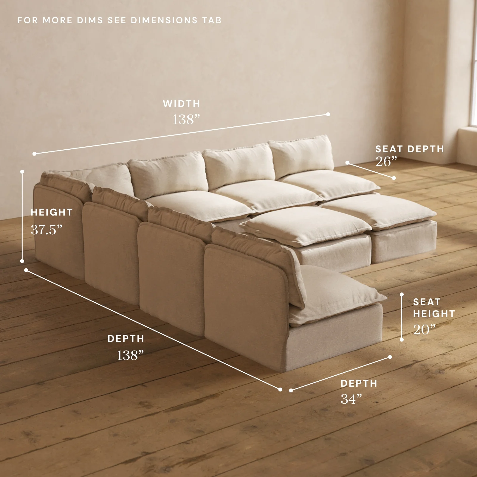 Modular Washable 7-Seater Open-Ends Corner Sectional + Bench Ottoman in Oat | Deluxe+ Seat | Cloud Pillow - Image 5