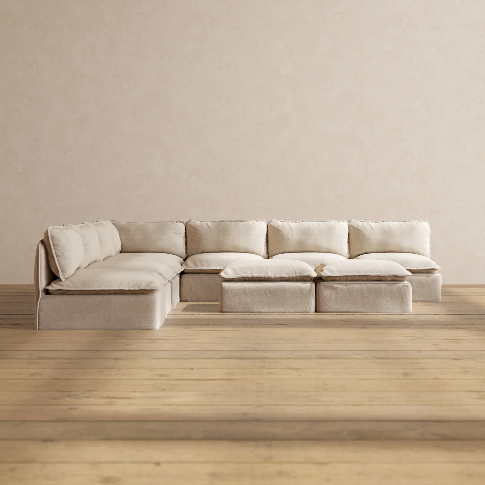 Modular Washable 7-Seater Open-Ends Corner Sectional + Bench Ottoman in Oat | Memorix+ Seat | Contour Pillow