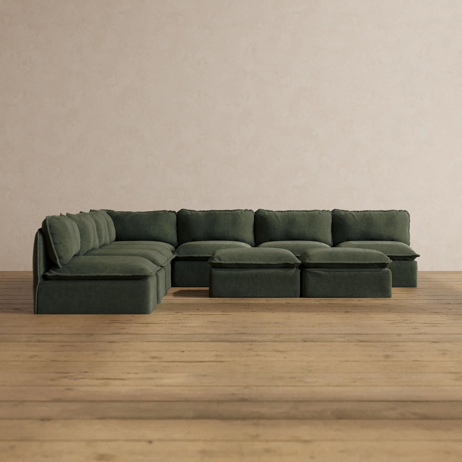 Modular Washable 7-Seater Open-Ends Corner Sectional + Bench Ottoman in Olivine | Deluxe+ Seat | Cloud Pillow