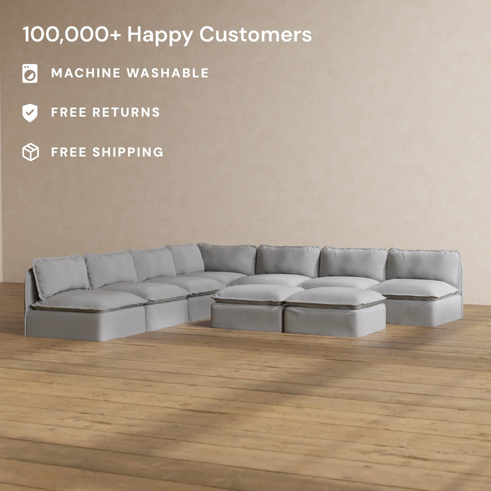 Modular Washable 7-Seater Open-Ends Corner Sectional + Bench Ottoman in Pumice | Deluxe+ Seat | Cloud Pillow - Image 2