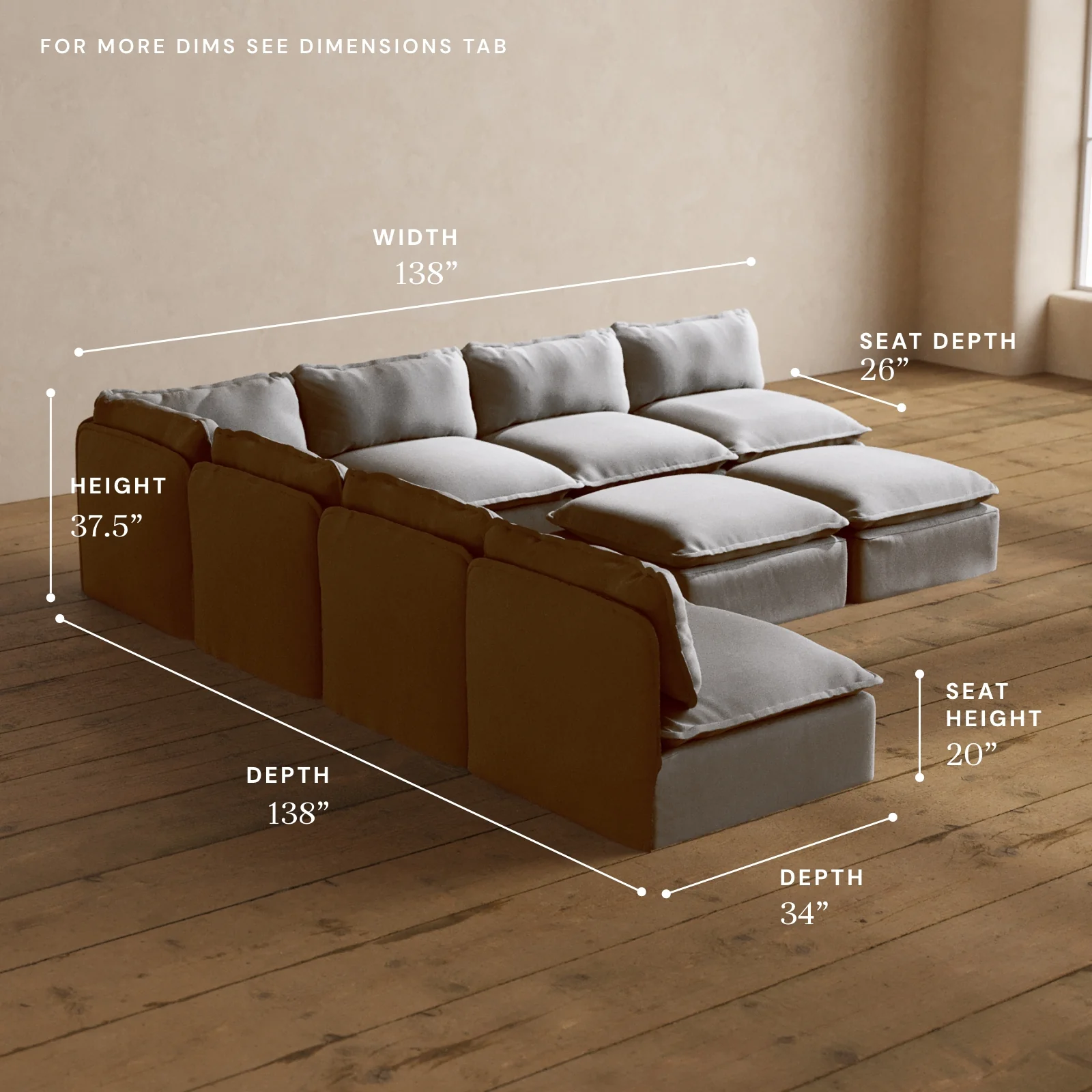 Modular Washable 7-Seater Open-Ends Corner Sectional + Bench Ottoman in Pumice | Deluxe+ Seat | Cloud Pillow - Image 5