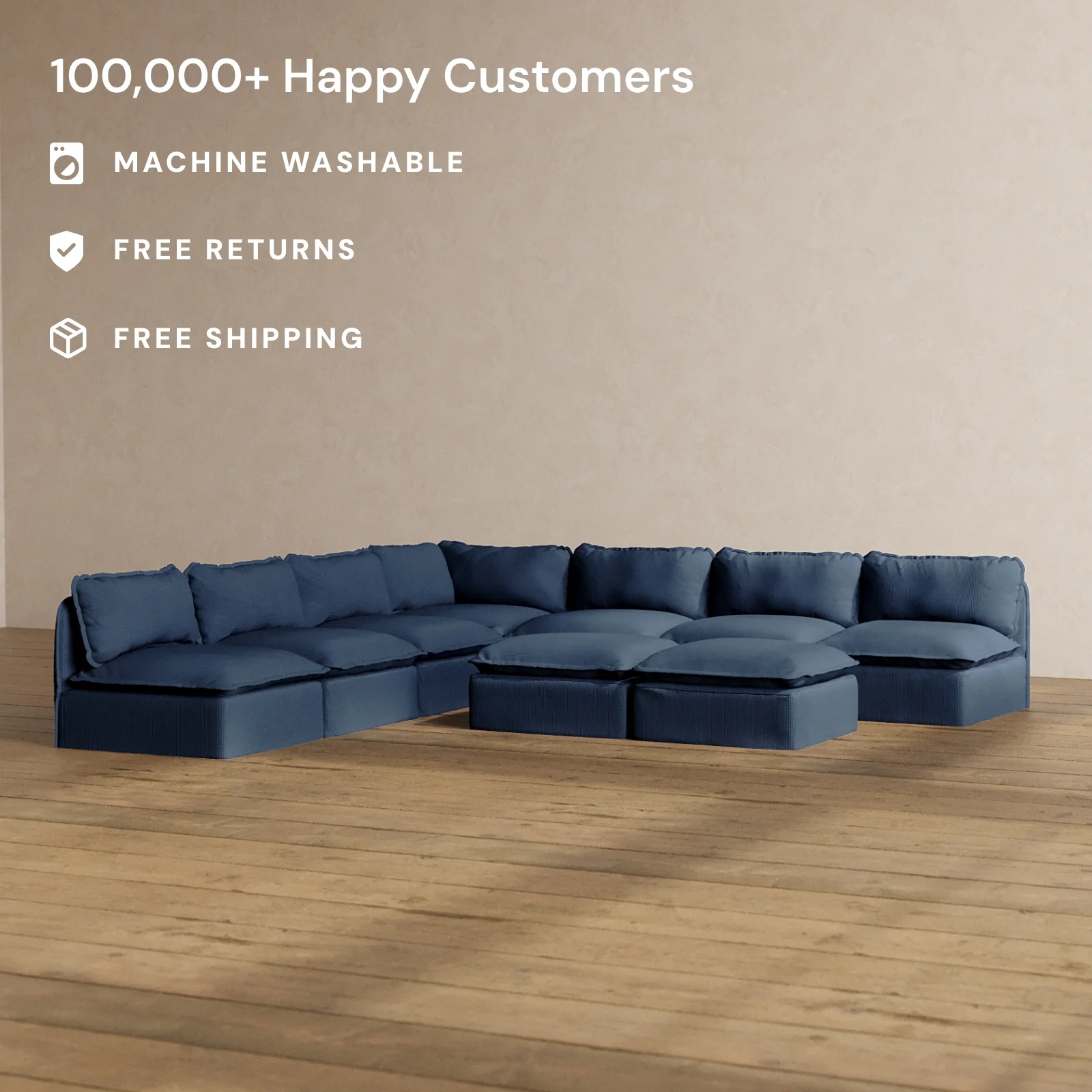 Modular Washable 7-Seater Open-Ends Corner Sectional + Bench Ottoman in Sumi | Deluxe+ Seat | Cloud Pillow - Image 2