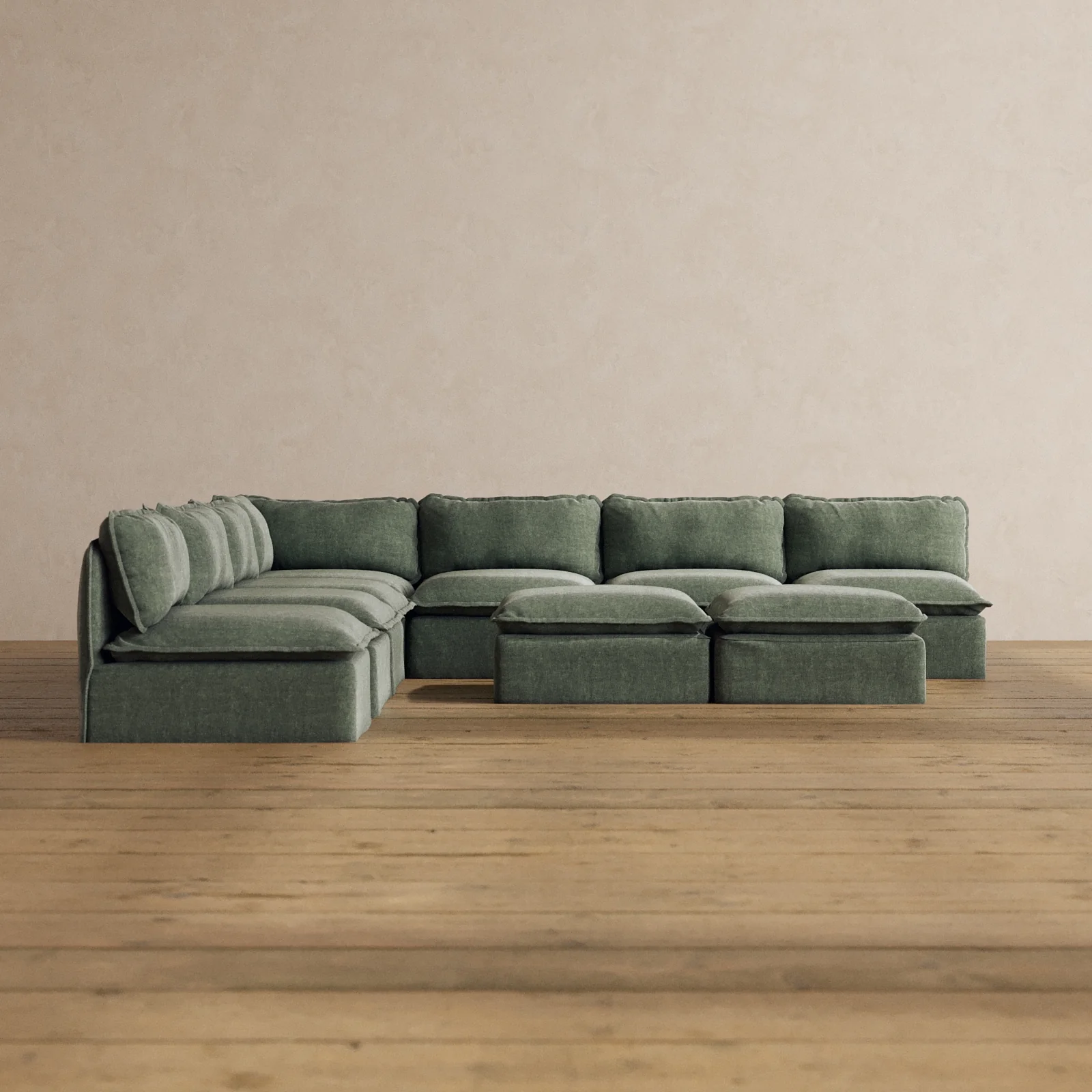 Modular Washable 7-Seater Open-Ends Corner Sectional + Bench Ottoman in Willow | Deluxe+ Seat | Cloud Pillow