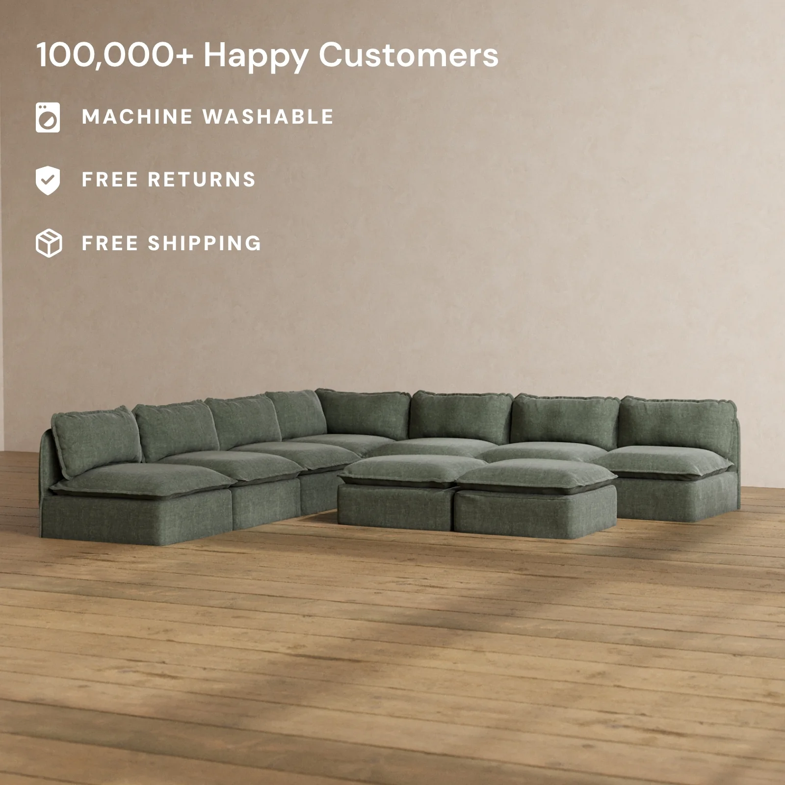 Modular Washable 7-Seater Open-Ends Corner Sectional + Bench Ottoman in Willow | Deluxe+ Seat | Cloud Pillow - Image 2