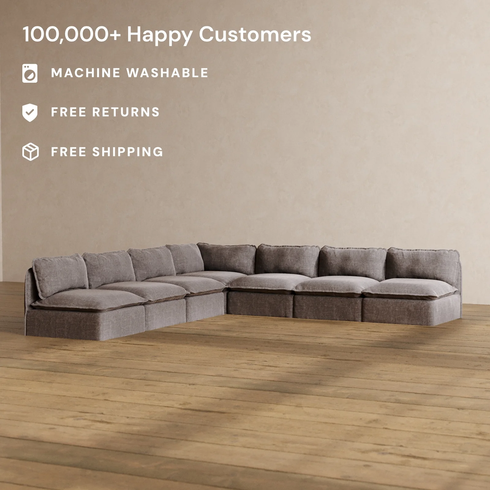 Modular Washable 7-Seater Open-Ends Corner Sectional in Caviar | Deluxe+ Seat | Cloud Pillow - Image 2
