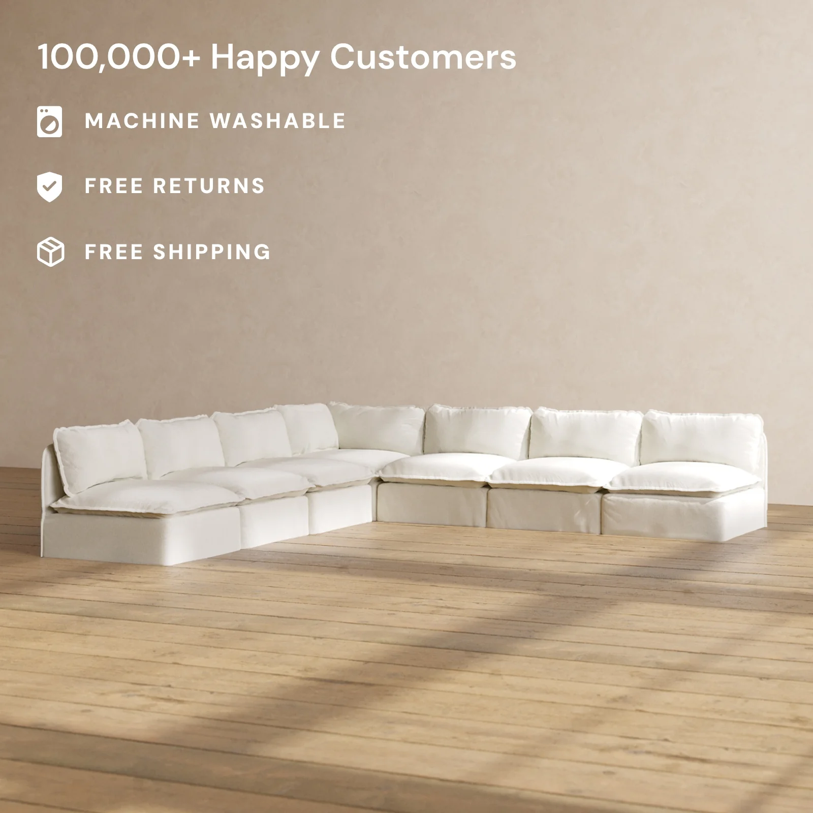 Modular Washable 7-Seater Open-Ends Corner Sectional in Eggshell | Deluxe+ Seat | Cloud Pillow - Image 2