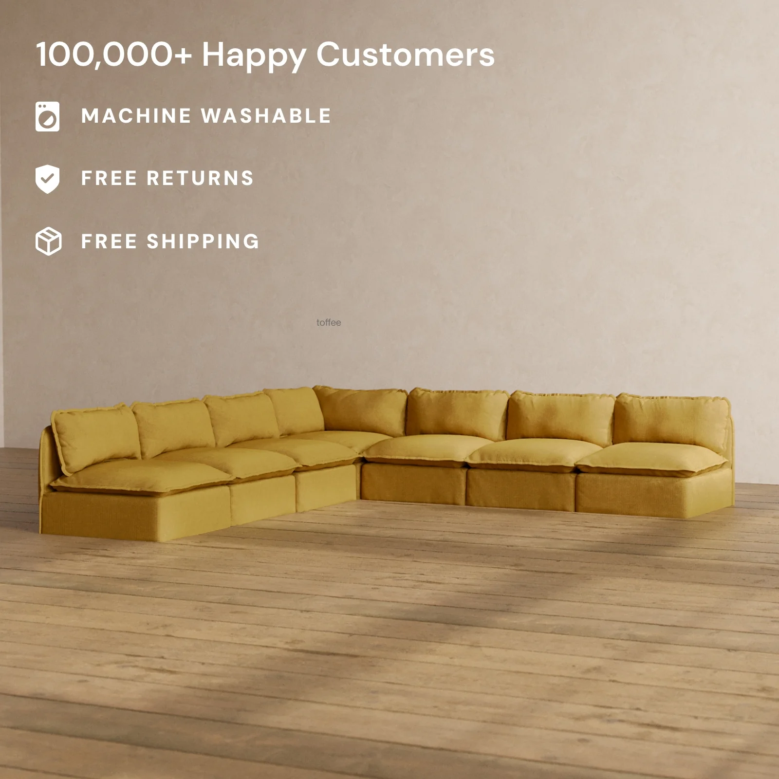 Modular Washable 7-Seater Open-Ends Corner Sectional in Kiiro | Memorix+ Seat | Contour Pillow - Image 2