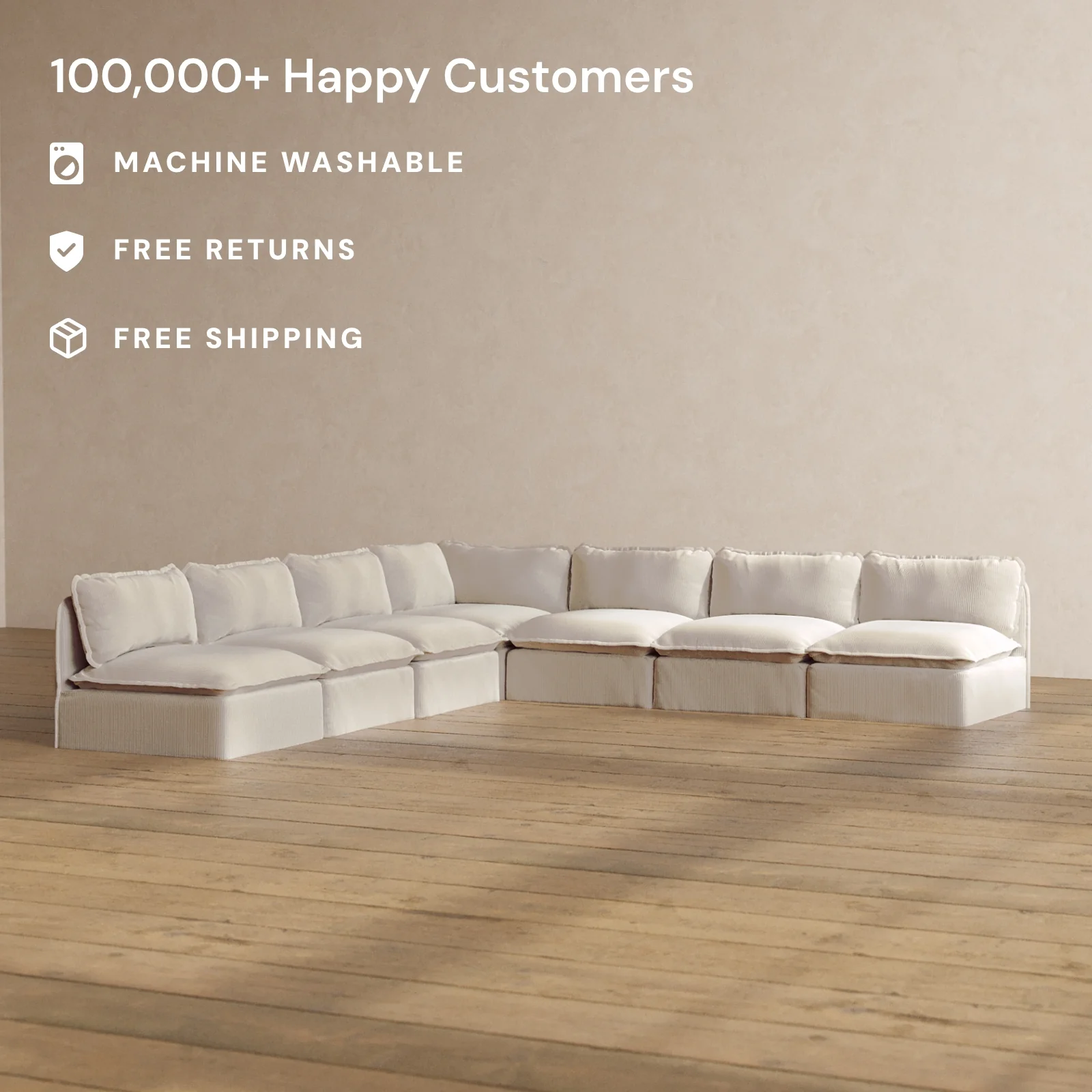 Modular Washable 7-Seater Open-Ends Corner Sectional in Milk | Memorix+ Seat | Contour Pillow - Image 2