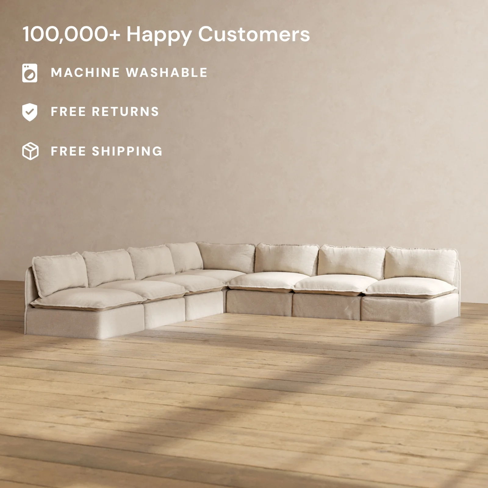 Modular Washable 7-Seater Open-Ends Corner Sectional in Oat | Memorix+ Seat | Contour Pillow - Image 2