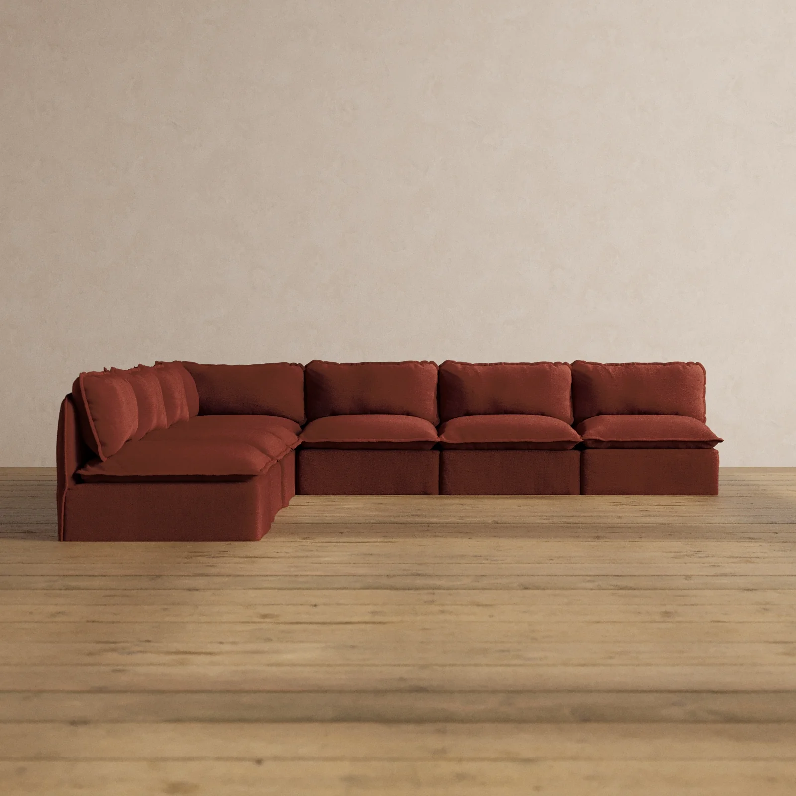 Modular Washable 7-Seater Open-Ends Corner Sectional in Rust | Memorix+ Seat | Contour Pillow
