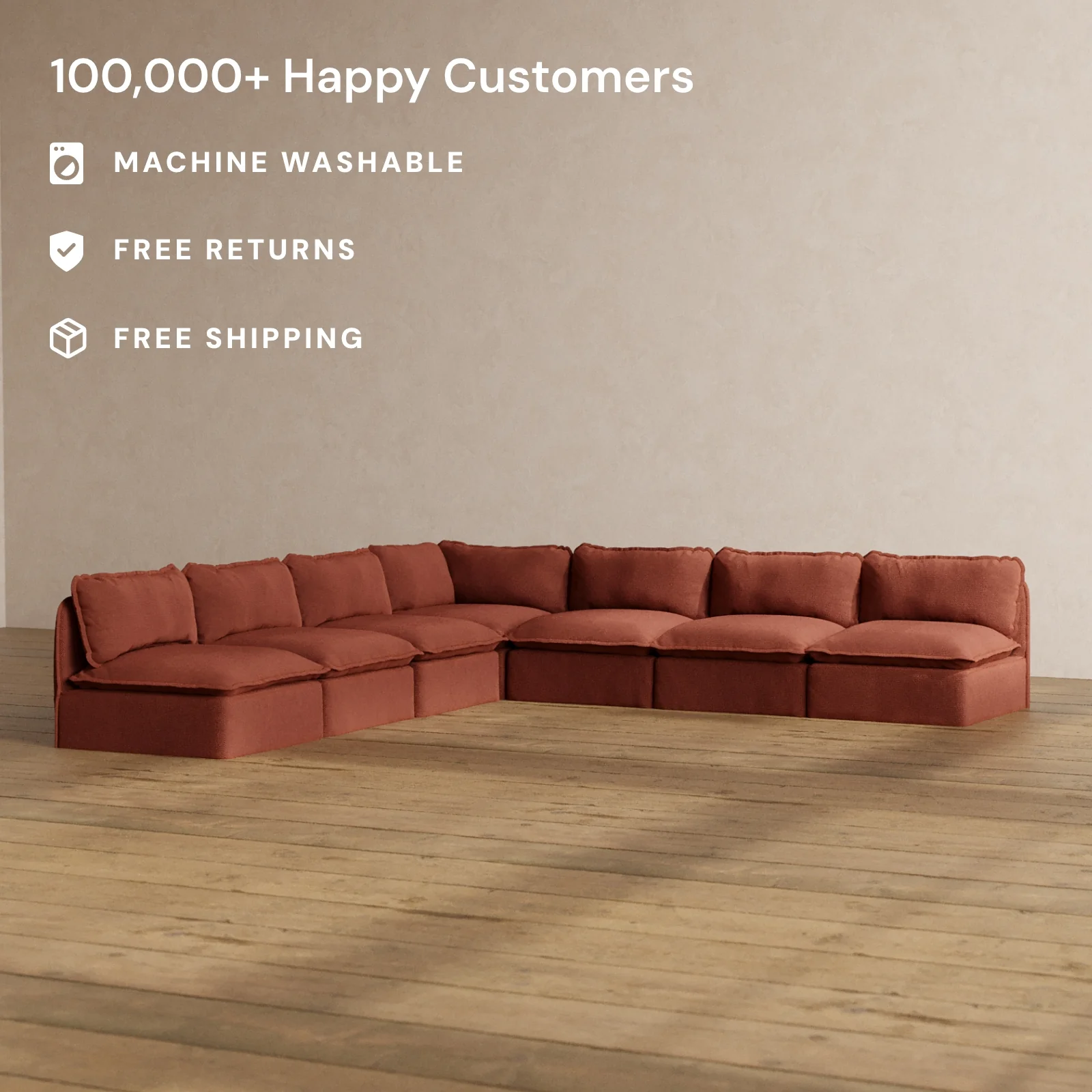 Modular Washable 7-Seater Open-Ends Corner Sectional in Rust | Memorix+ Seat | Contour Pillow - Image 2