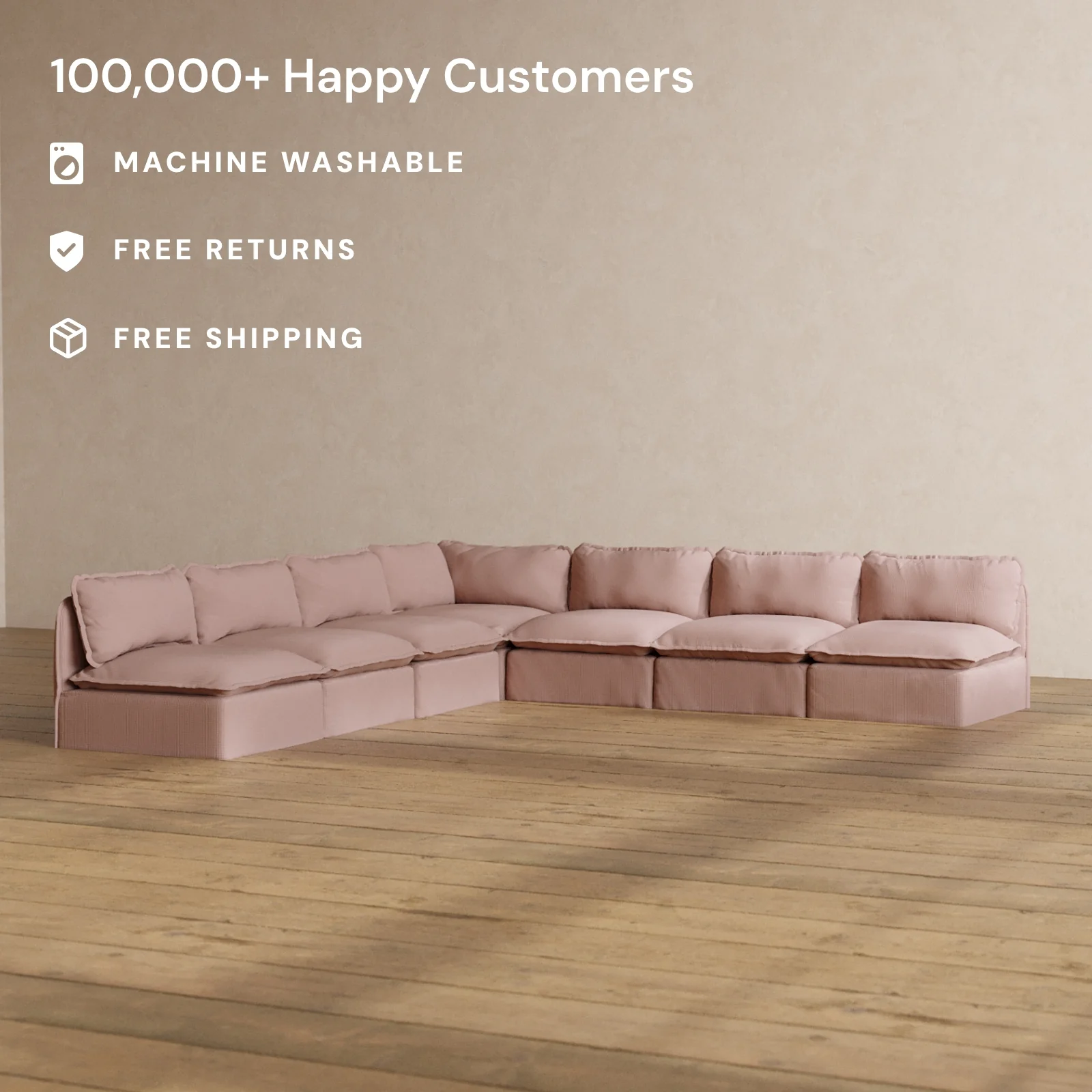 Modular Washable 7-Seater Open-Ends Corner Sectional in Sakura | Memorix+ Seat | Contour Pillow - Image 2