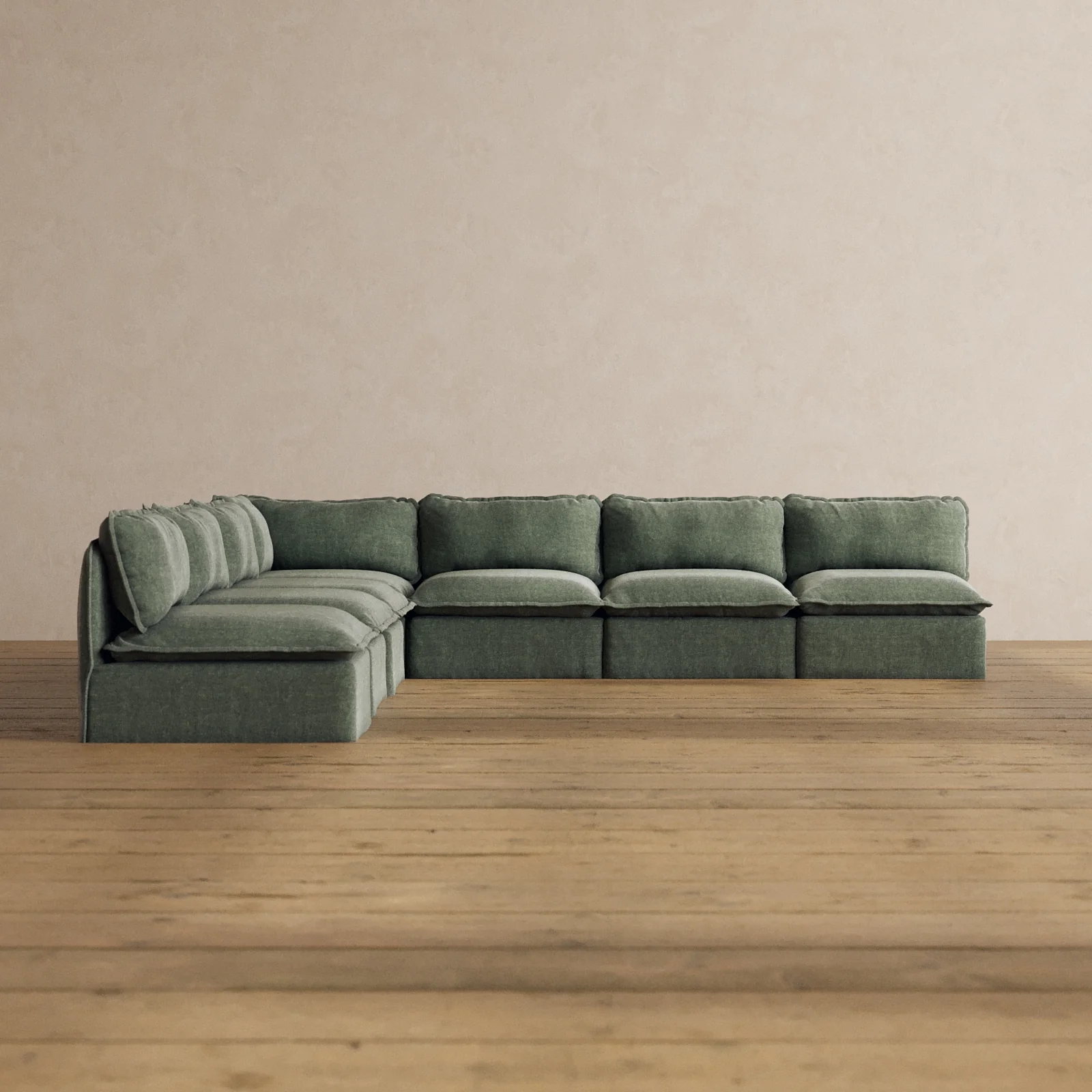 Modular Washable 7-Seater Open-Ends Corner Sectional in Willow | Memorix+ Seat | Contour Pillow