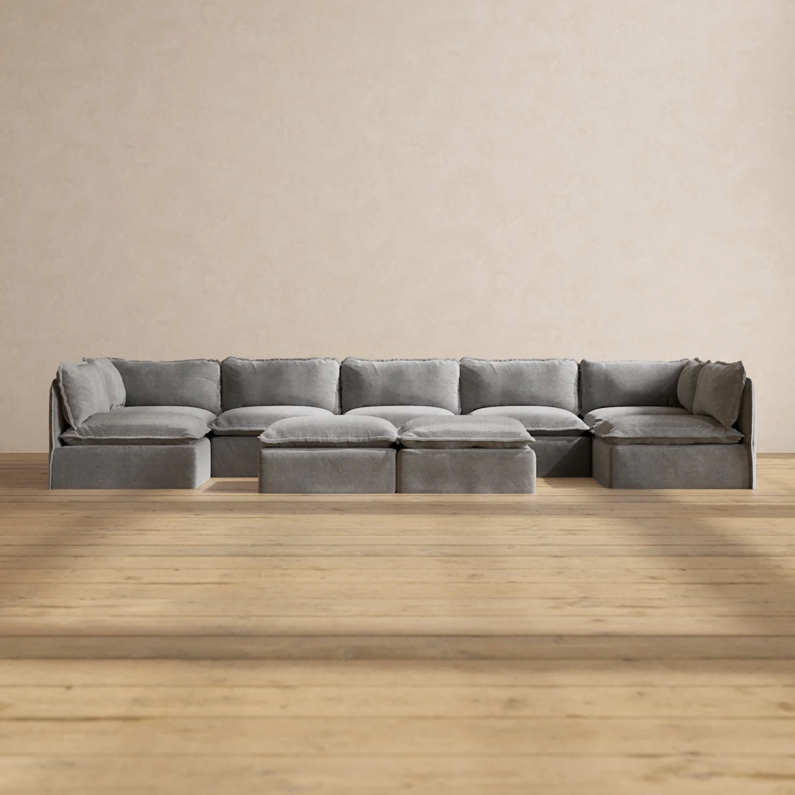 Modular Washable 7-Seater Open-Ends U-Sectional + Bench Ottoman in Ash | Deluxe+ Seat | Cloud Pillow