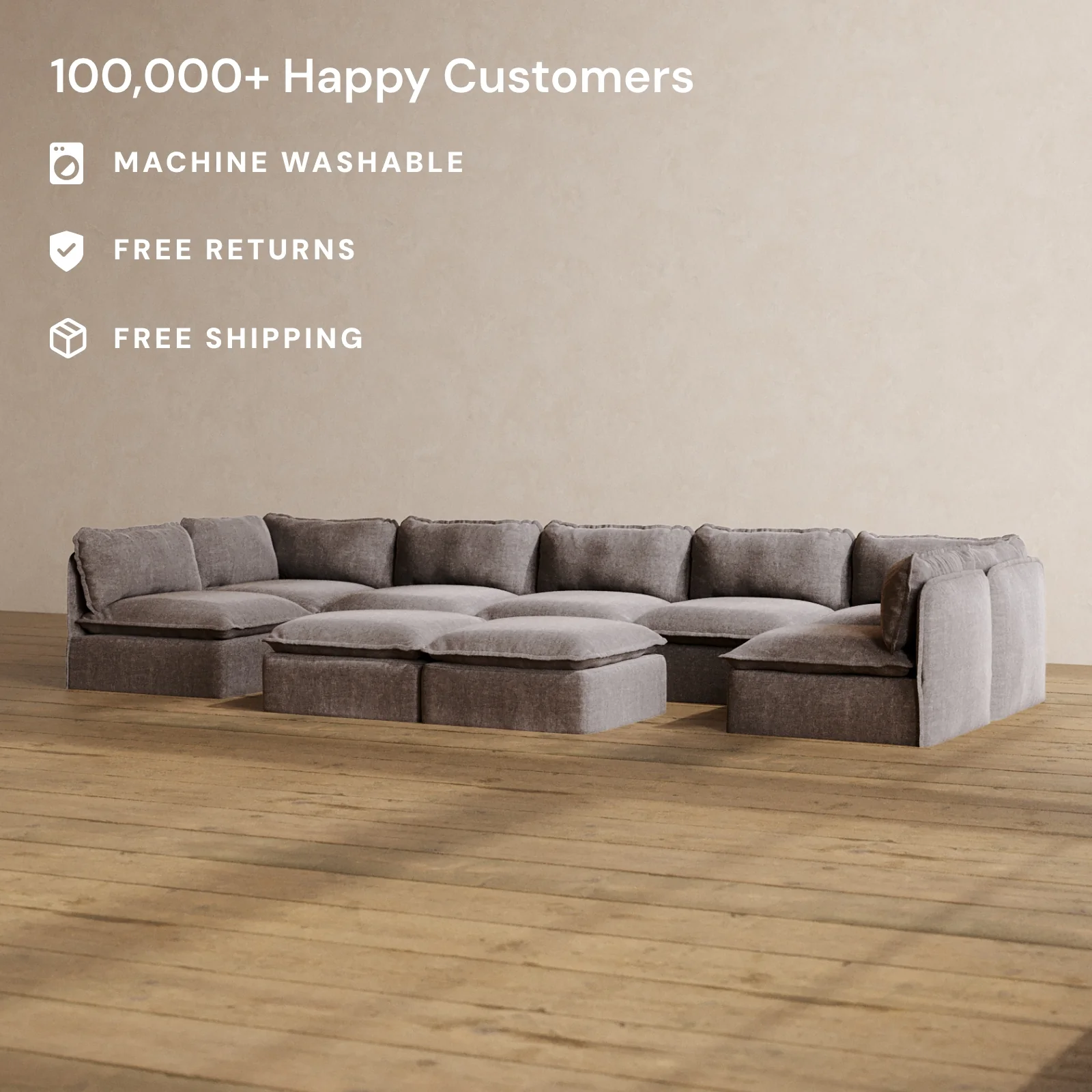 Modular Washable 7-Seater Open-Ends U-Sectional + Bench Ottoman in Caviar | Deluxe+ Seat | Cloud Pillow - Image 2