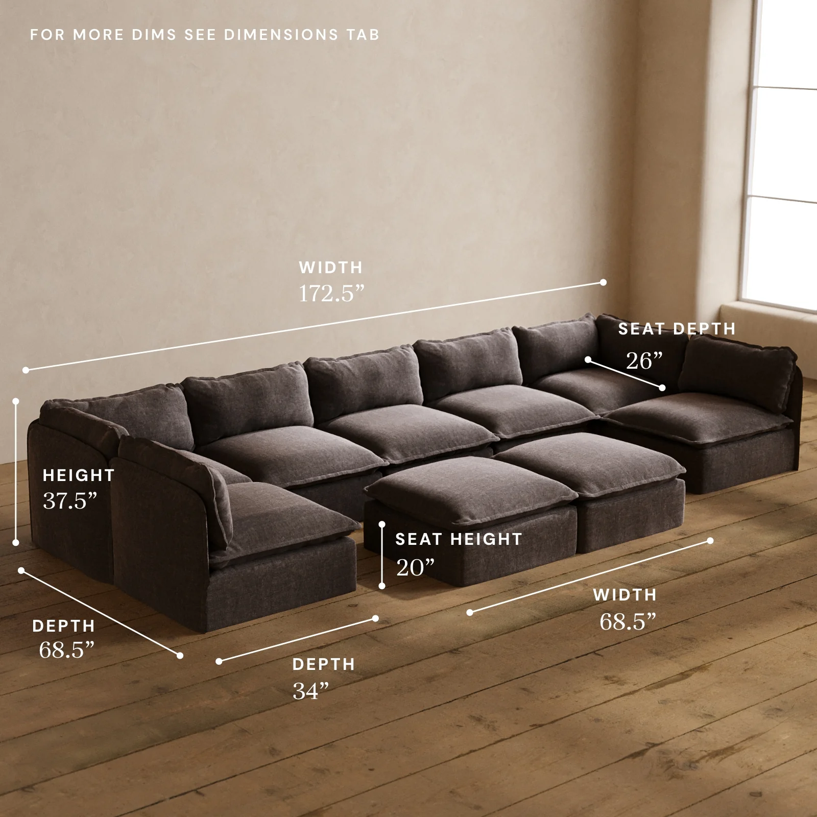 Modular Washable 7-Seater Open-Ends U-Sectional + Bench Ottoman in Caviar | Memorix+ Seat | Contour Pillow - Image 5