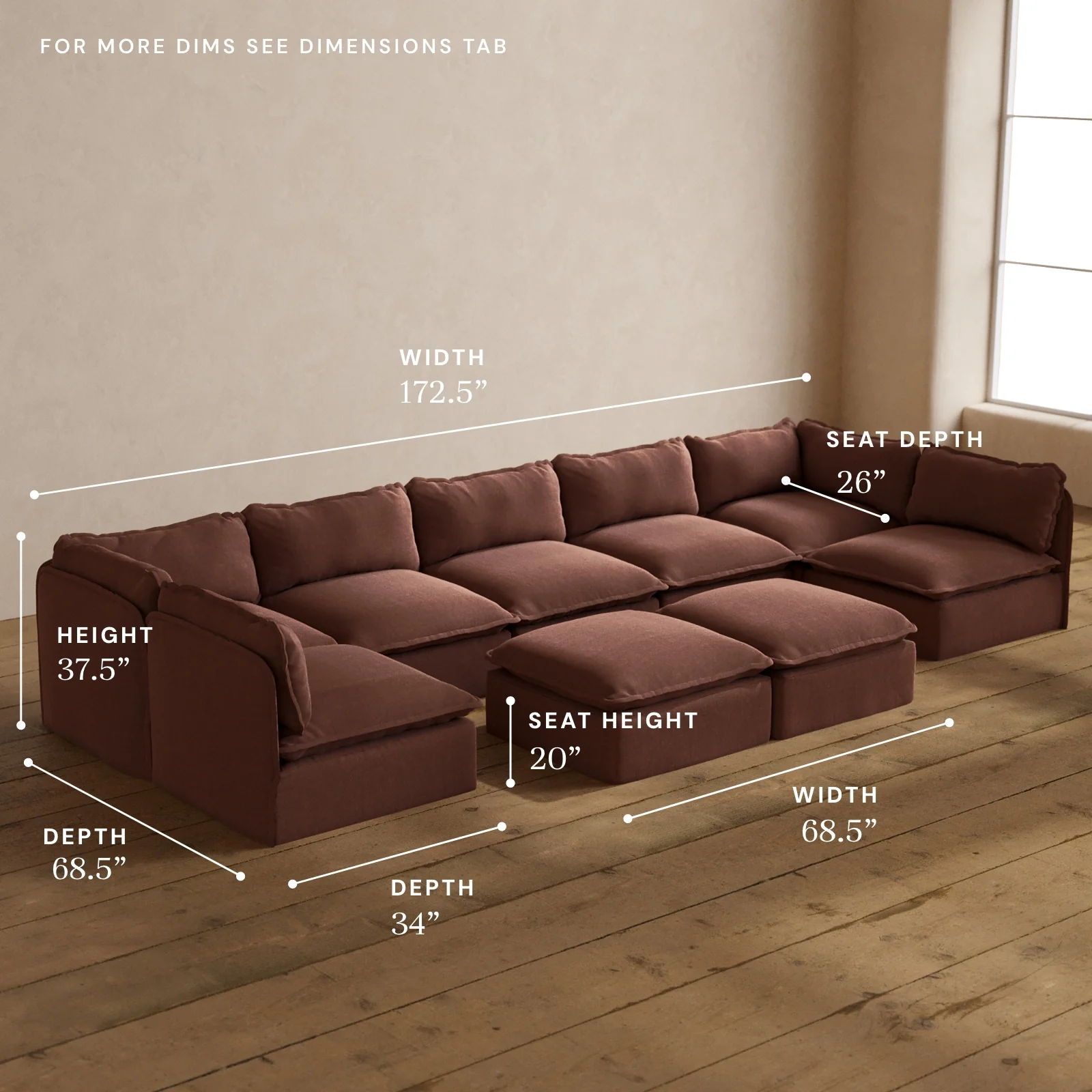 Modular Washable 7-Seater Open-Ends U-Sectional + Bench Ottoman in Chestnut | Memorix+ Seat | Contour Pillow - Image 5