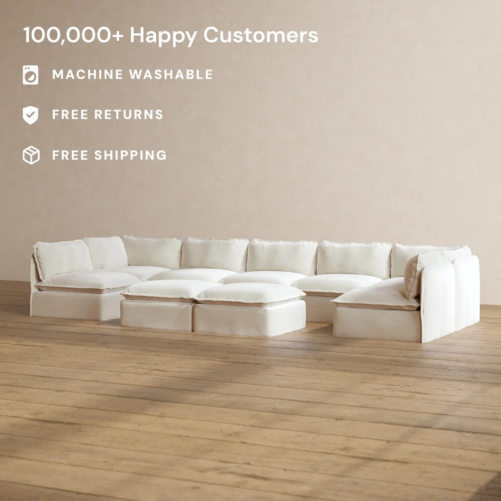 Modular Washable 7-Seater Open-Ends U-Sectional + Bench Ottoman in Coco | Deluxe+ Seat | Cloud Pillow - Image 2