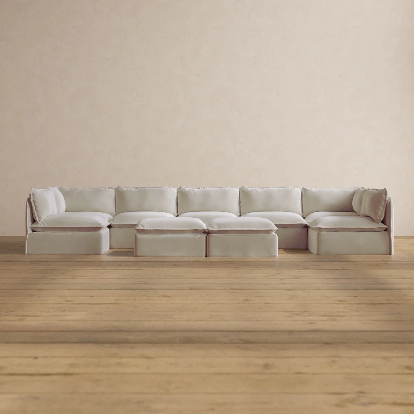 Modular Washable 7-Seater Open-Ends U-Sectional + Bench Ottoman in Coco | Memorix+ Seat | Contour Pillow
