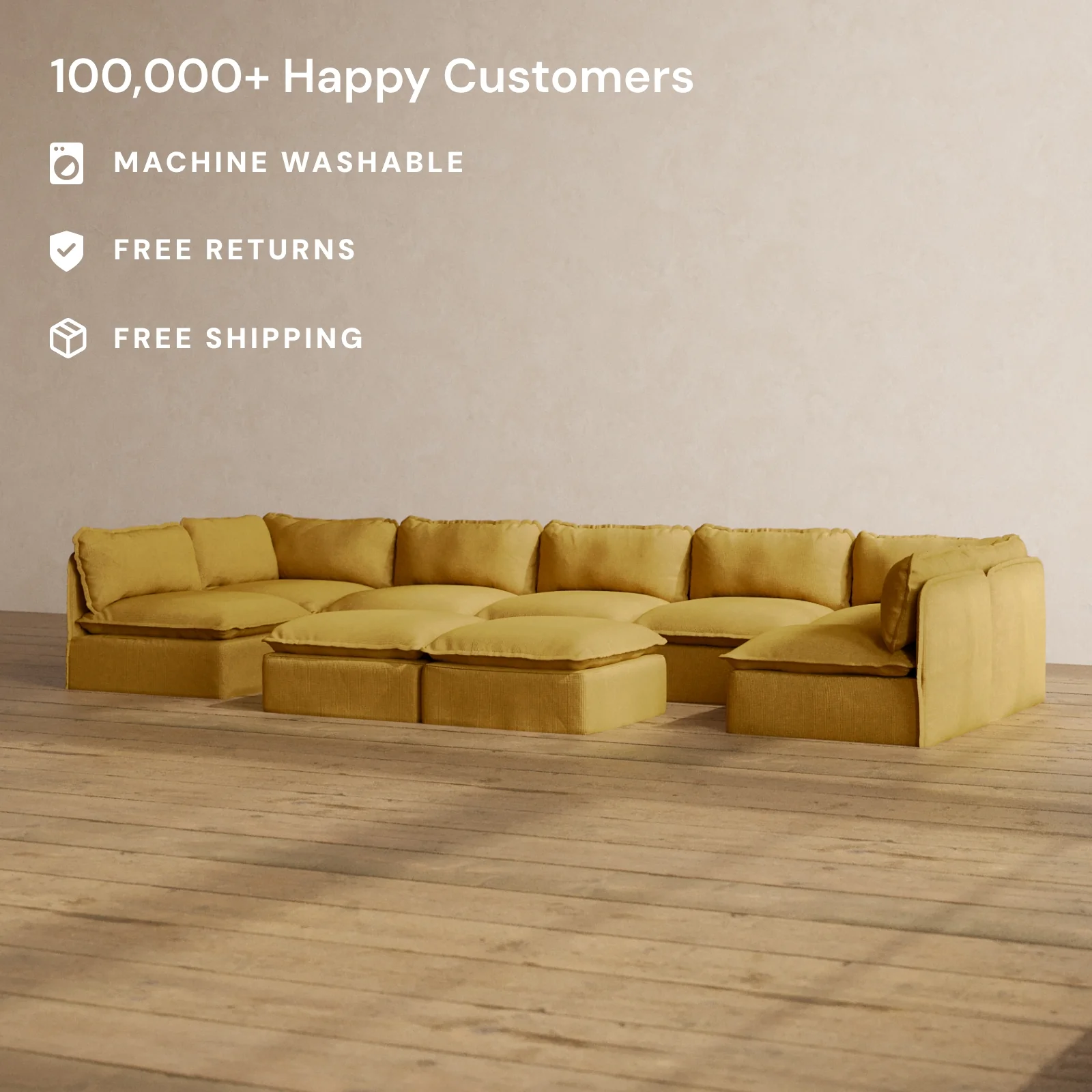 Modular Washable 7-Seater Open-Ends U-Sectional + Bench Ottoman in Kiiro | Deluxe+ Seat | Cloud Pillow - Image 2
