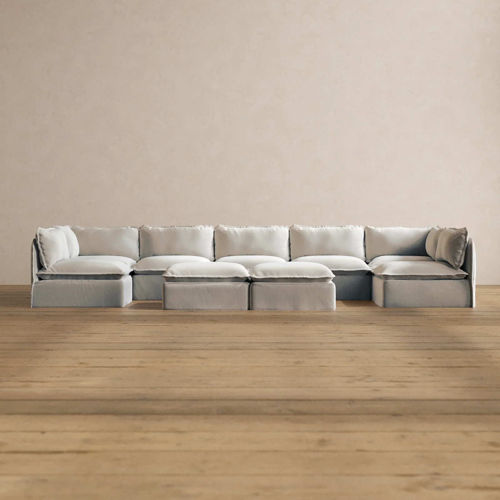 Modular Washable 7-Seater Open-Ends U-Sectional + Bench Ottoman in Milk | Memorix+ Seat | Contour Pillow