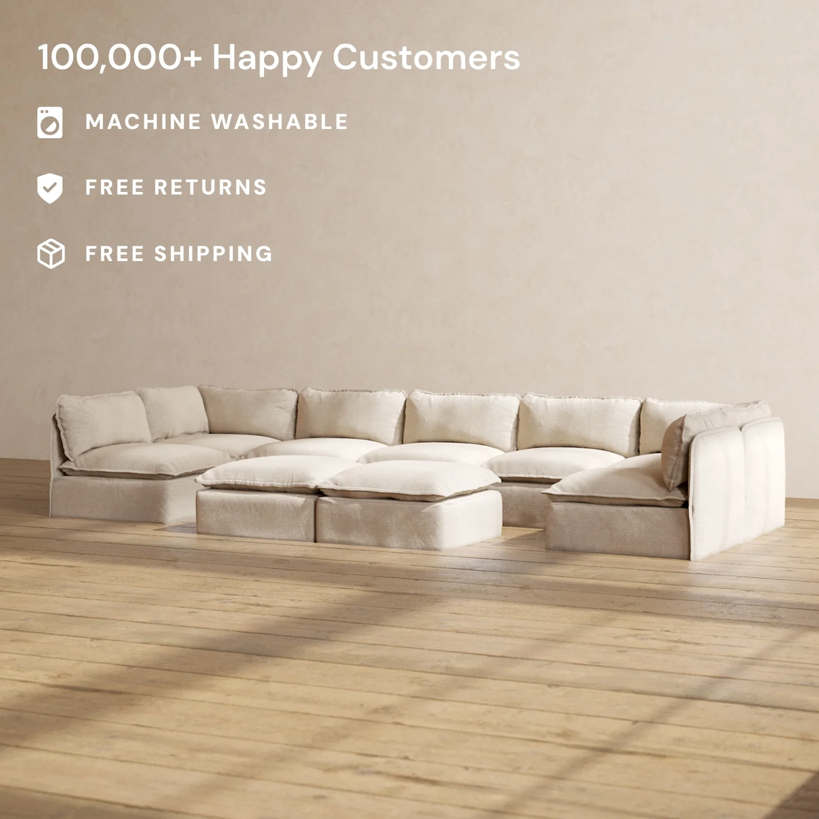 Modular Washable 7-Seater Open-Ends U-Sectional + Bench Ottoman in Oat | Memorix+ Seat | Contour Pillow - Image 2