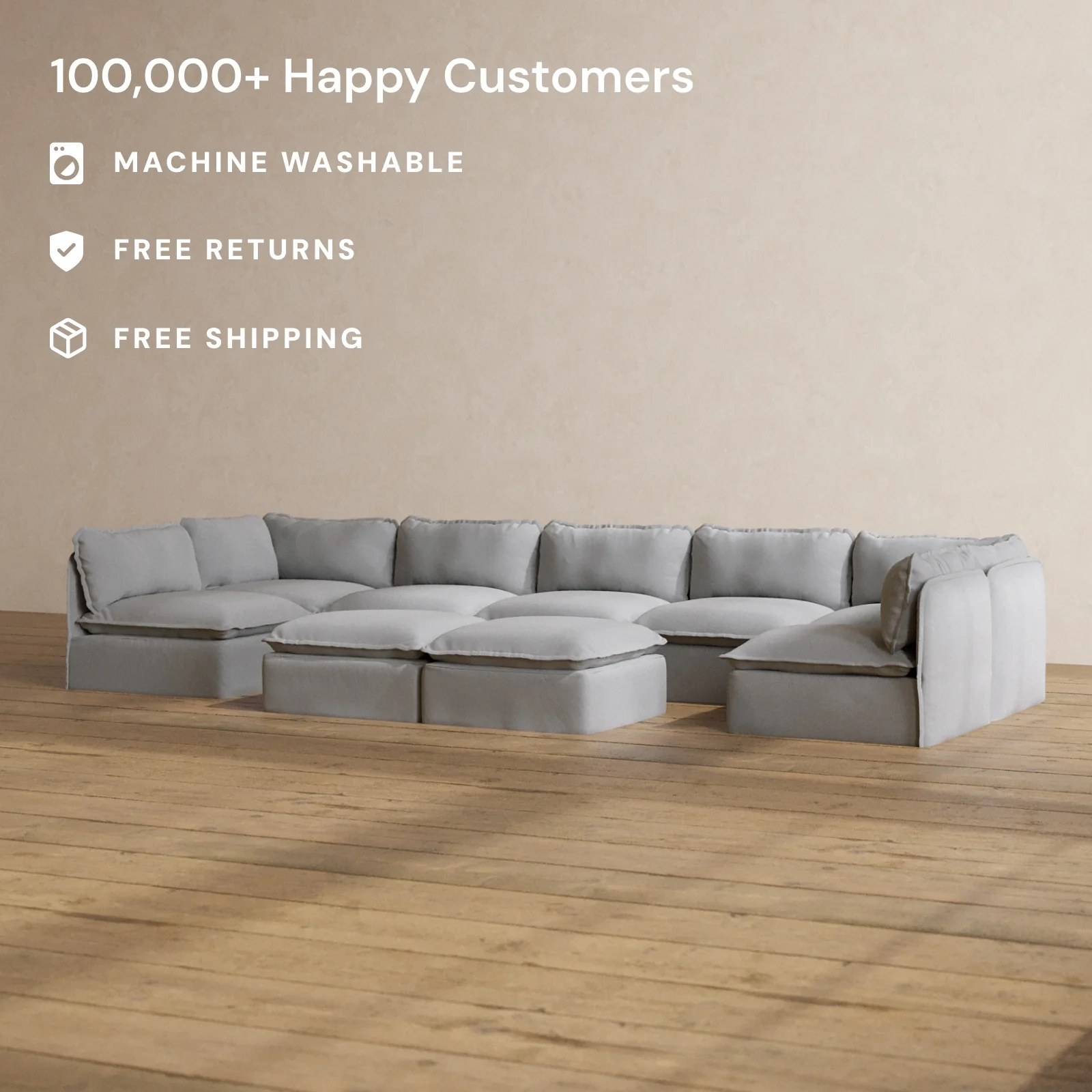 Modular Washable 7-Seater Open-Ends U-Sectional + Bench Ottoman in Pumice | Deluxe+ Seat | Cloud Pillow - Image 2