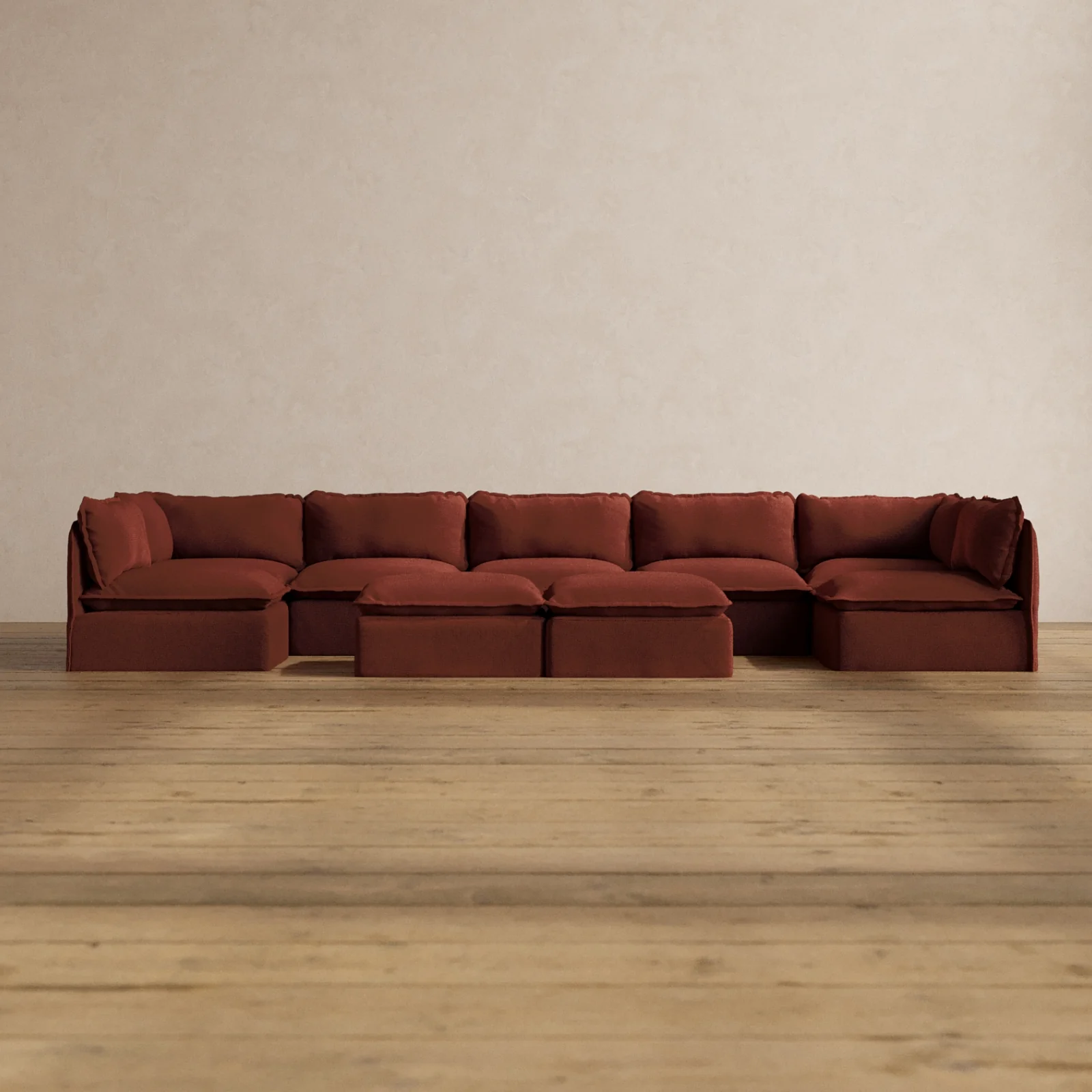 Modular Washable 7-Seater Open-Ends U-Sectional + Bench Ottoman in Rust | Memorix+ Seat | Contour Pillow