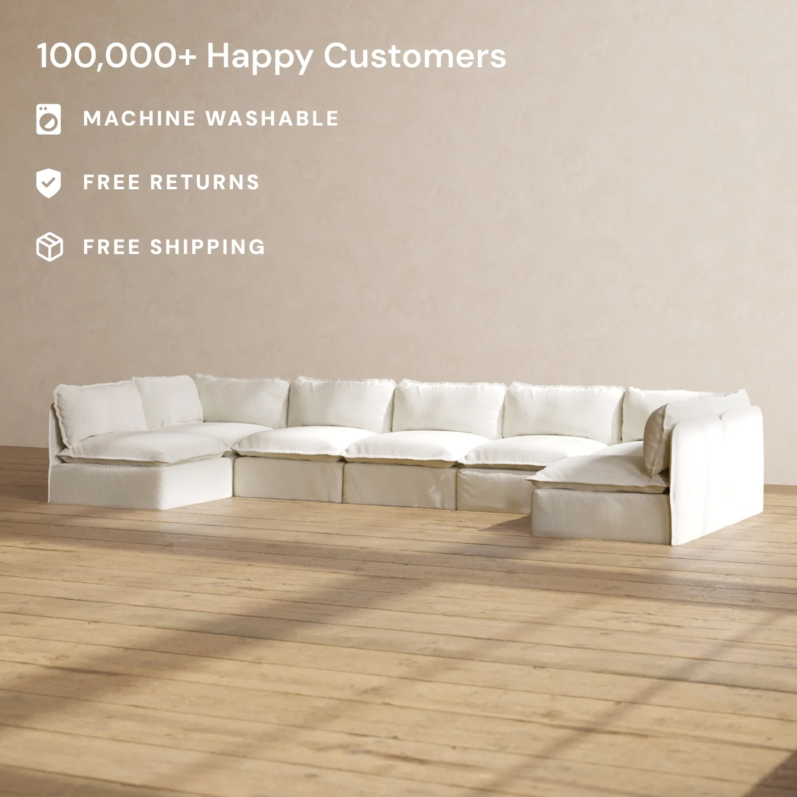 Modular Washable 7-Seater Open-Ends U-Sectional in Eggshell | Memorix+ Seat | Contour Pillow - Image 2