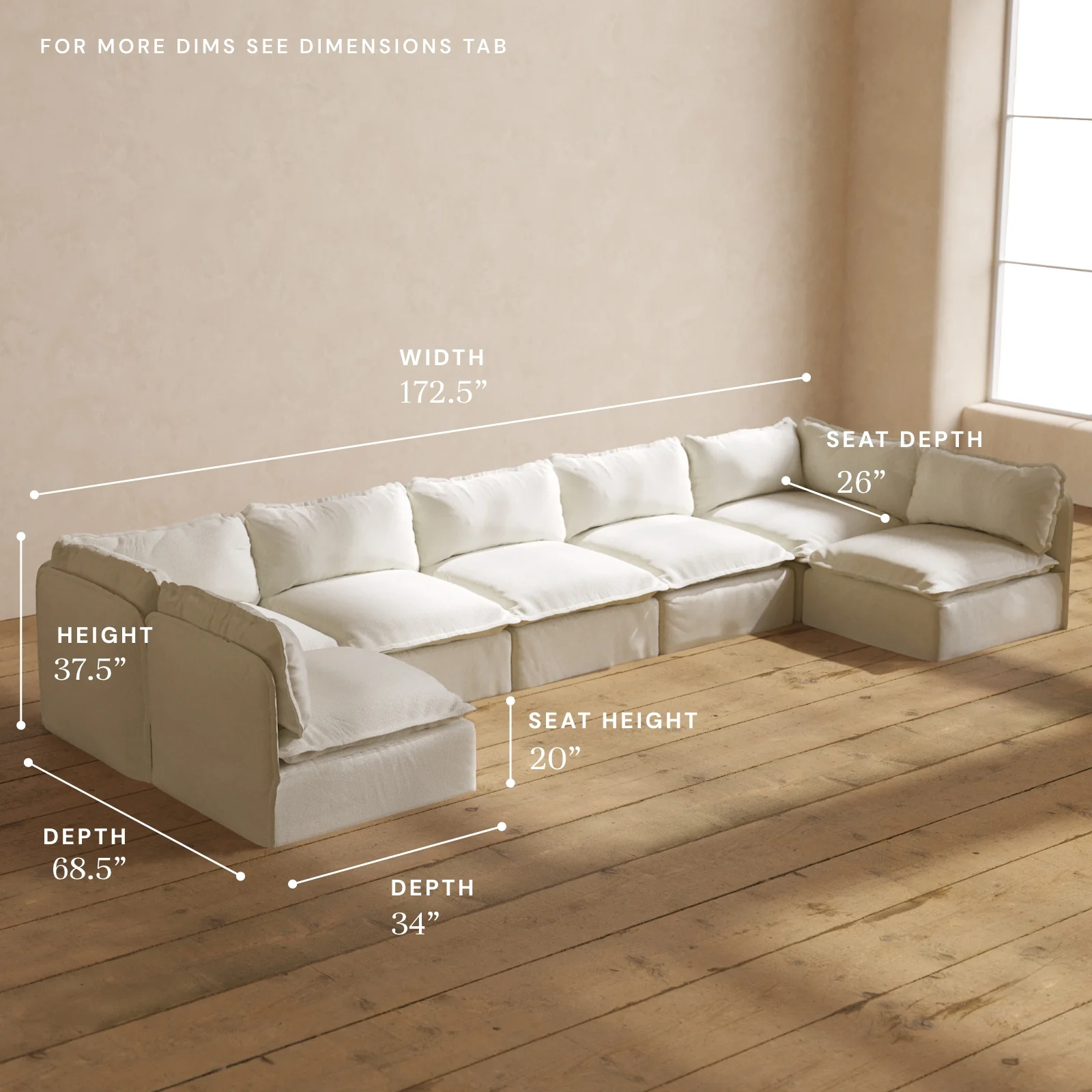 Modular Washable 7-Seater Open-Ends U-Sectional in Eggshell | Memorix+ Seat | Contour Pillow - Image 5