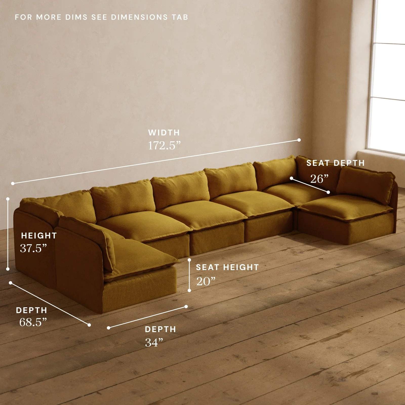 Modular Washable 7-Seater Open-Ends U-Sectional in Kiiro | Deluxe+ Seat | Cloud Pillow - Image 5