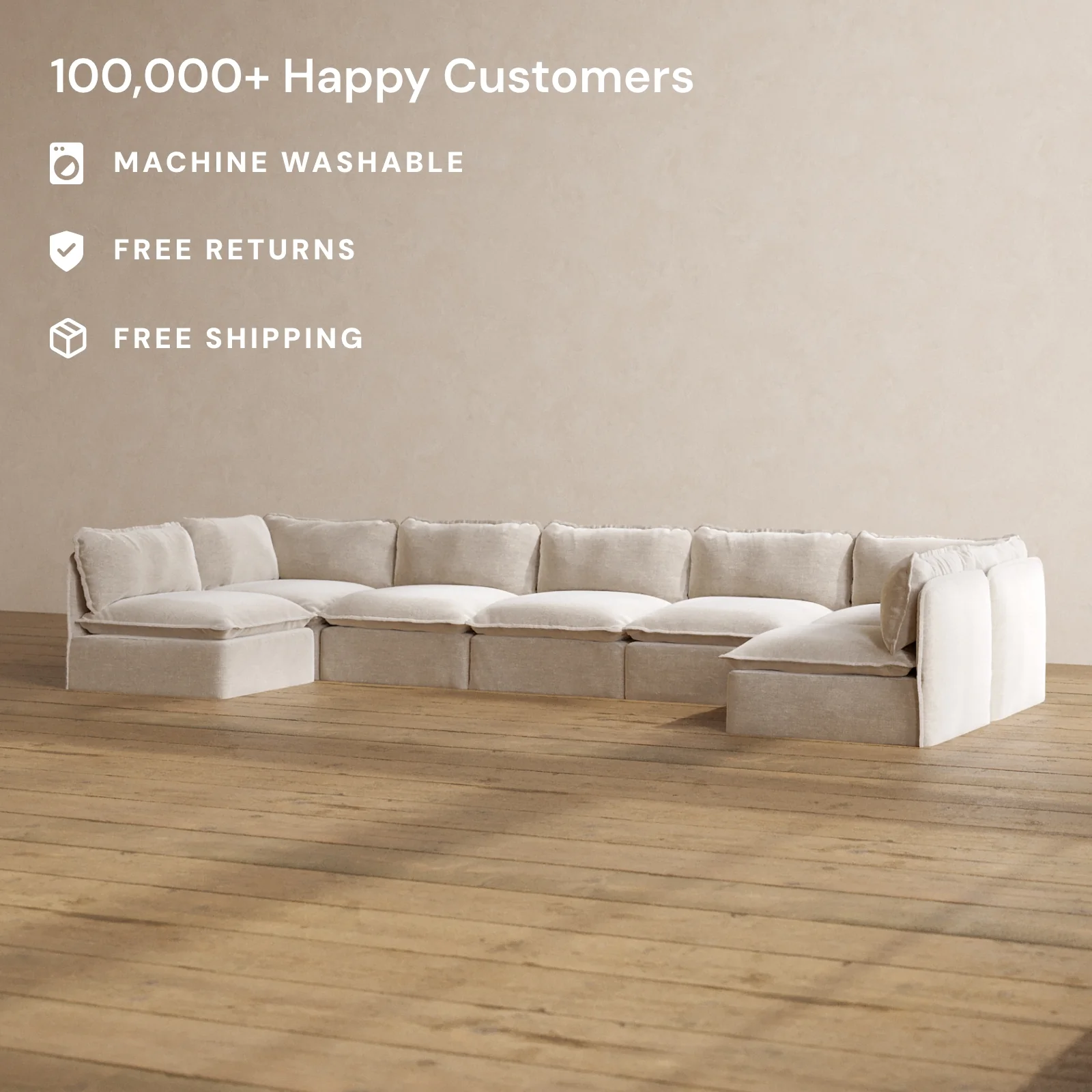 Modular Washable 7-Seater Open-Ends U-Sectional in Mist | Deluxe+ Seat | Cloud Pillow - Image 2