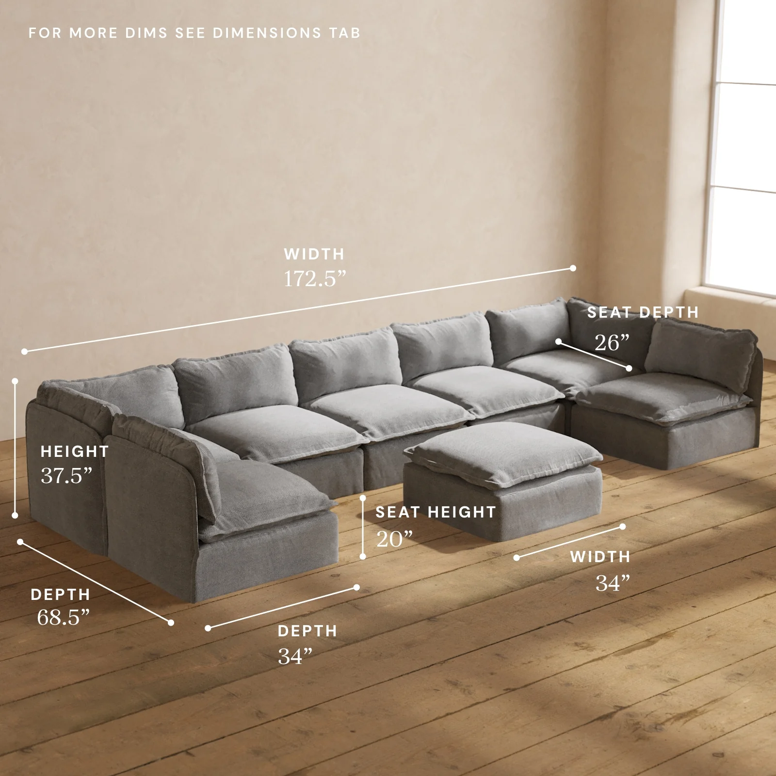 Modular Washable 7-Seater Open-Ends U-Sectional + Ottoman in Ash | Memorix+ Seat | Contour Pillow - Image 5