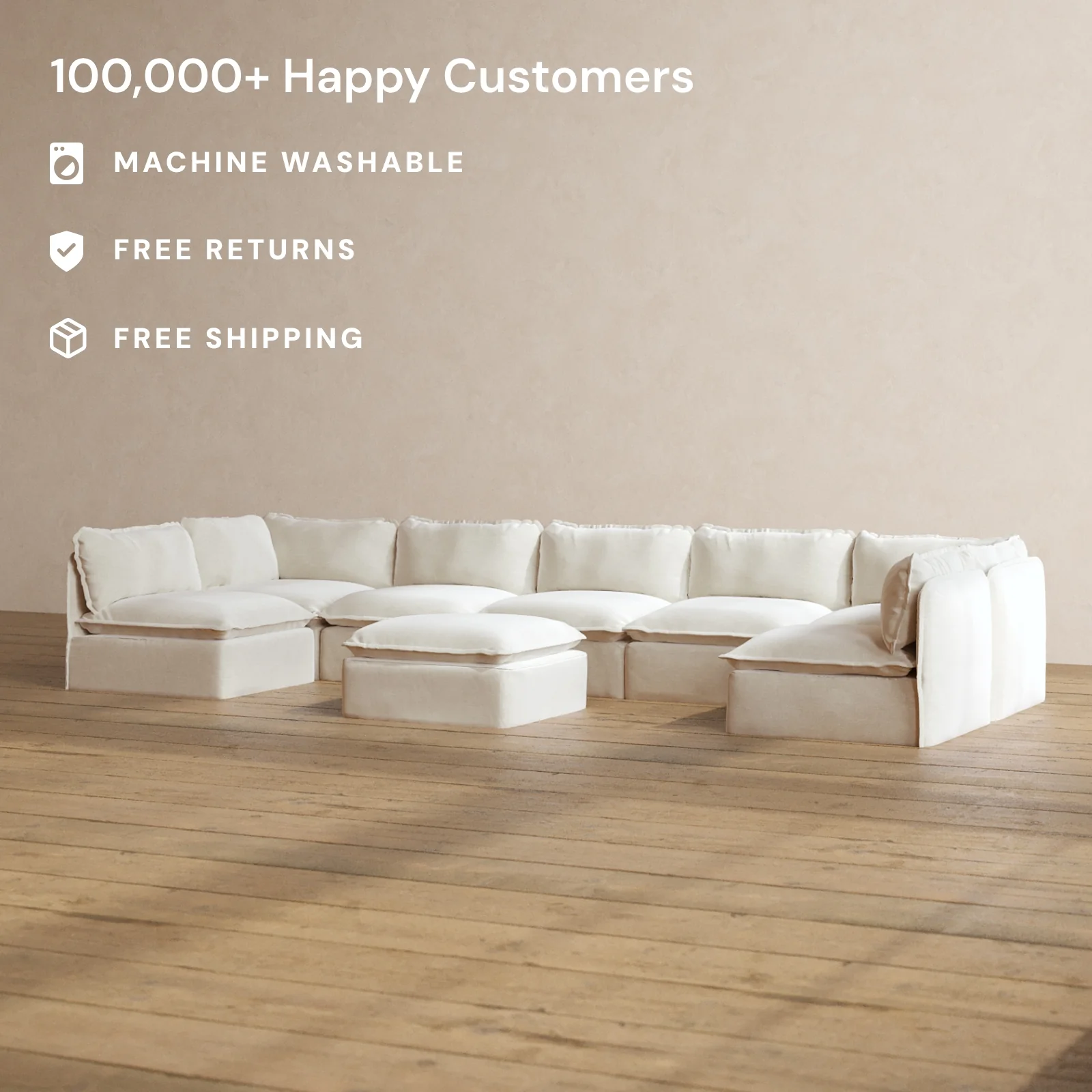 Modular Washable 7-Seater Open-Ends U-Sectional + Ottoman in Coco | Deluxe+ Seat | Cloud Pillow - Image 2
