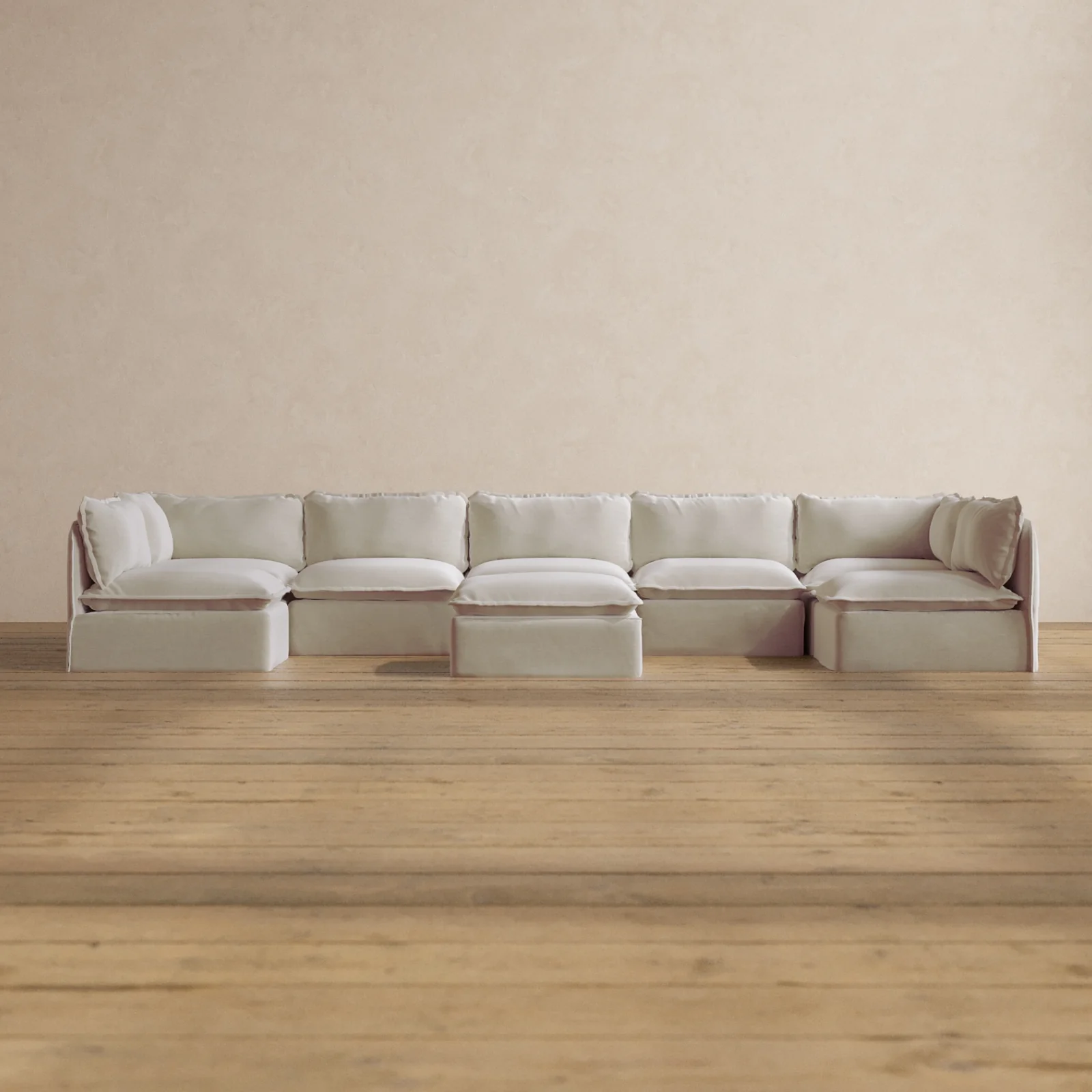 Modular Washable 7-Seater Open-Ends U-Sectional + Ottoman in Coco | Memorix+ Seat | Contour Pillow