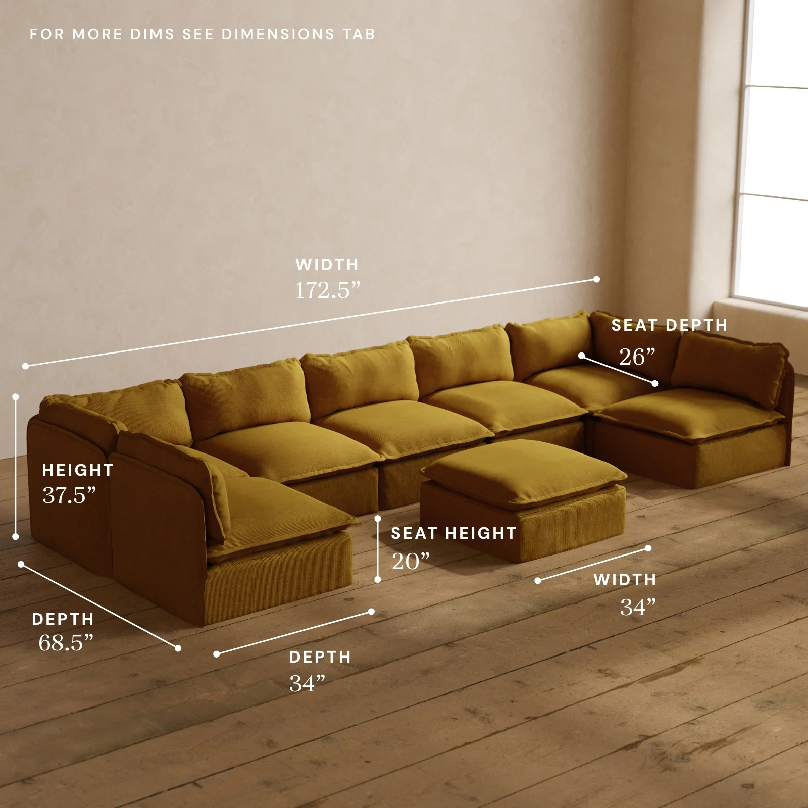 Modular Washable 7-Seater Open-Ends U-Sectional + Ottoman in Kiiro | Deluxe+ Seat | Cloud Pillow - Image 5