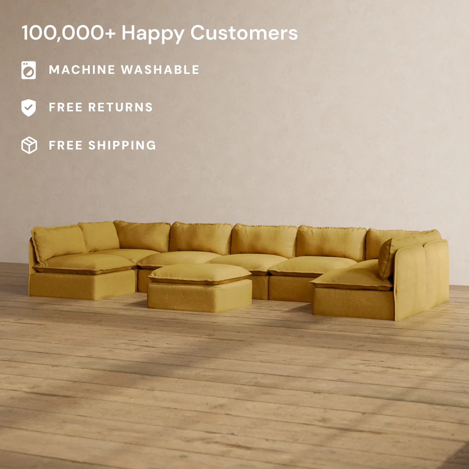 Modular Washable 7-Seater Open-Ends U-Sectional + Ottoman in Kiiro | Memorix+ Seat | Contour Pillow - Image 2
