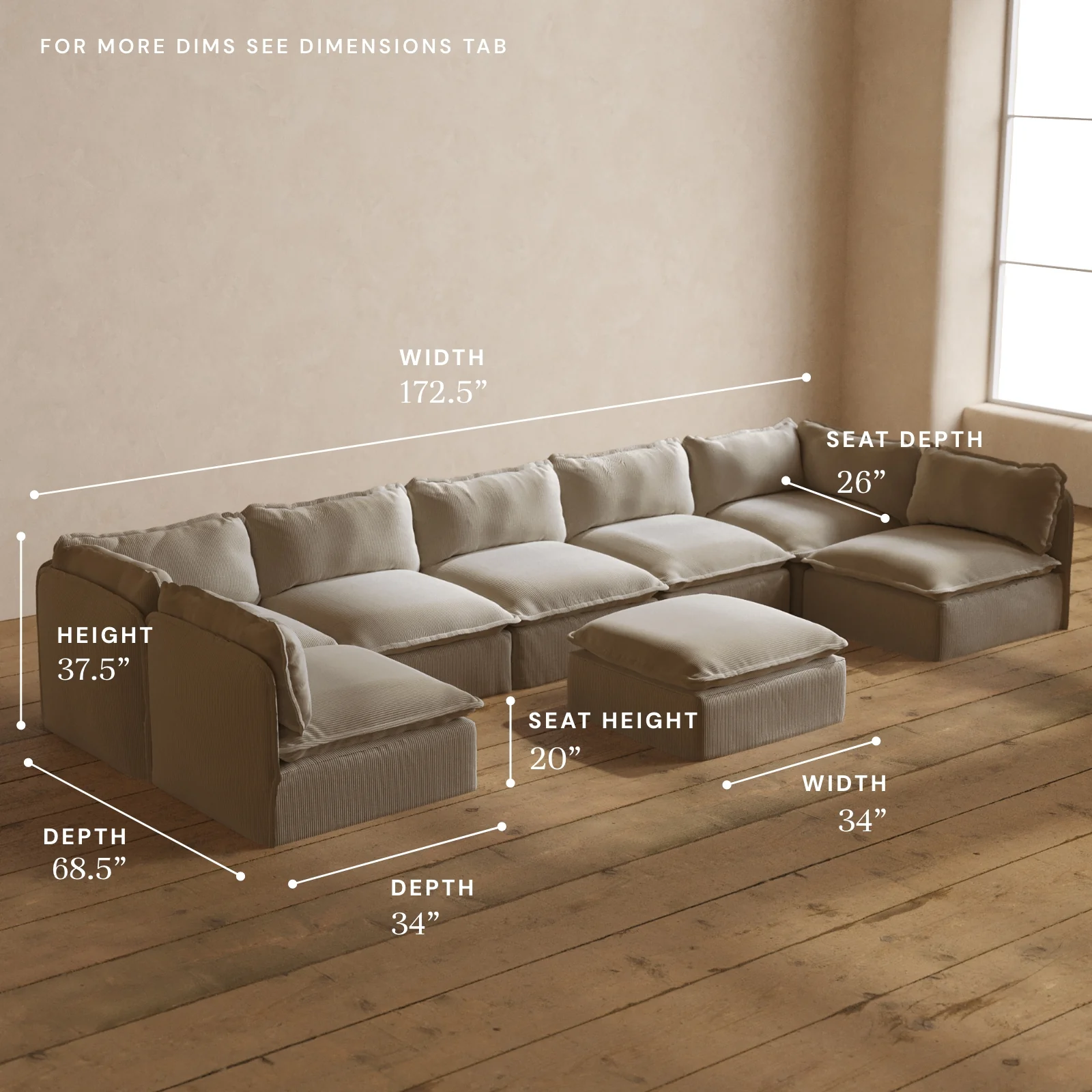 Modular Washable 7-Seater Open-Ends U-Sectional + Ottoman in Milk | Deluxe+ Seat | Cloud Pillow - Image 5