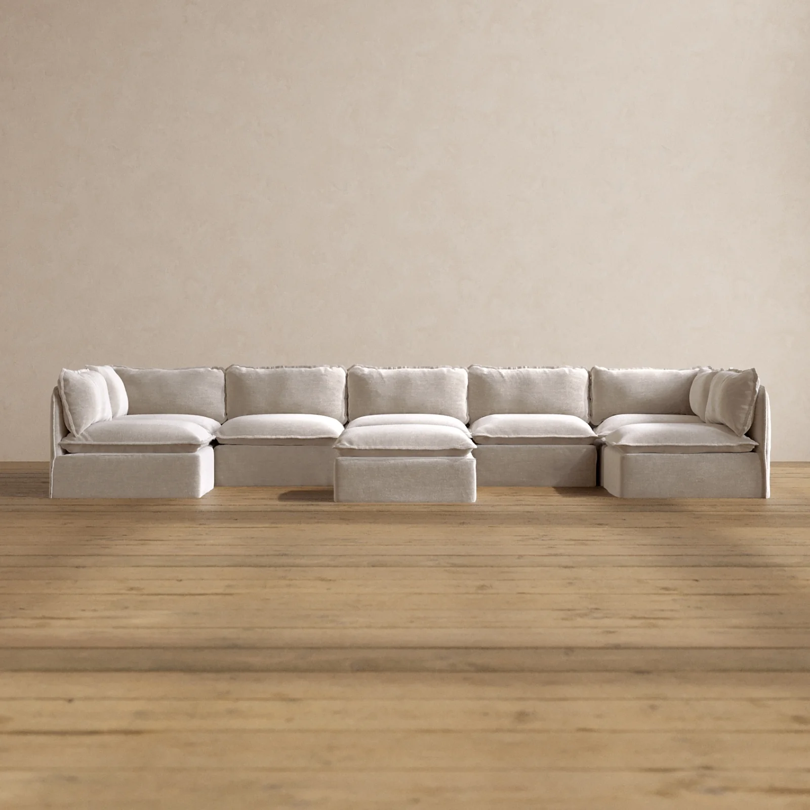 Modular Washable 7-Seater Open-Ends U-Sectional + Ottoman in Mist | Memorix+ Seat | Contour Pillow