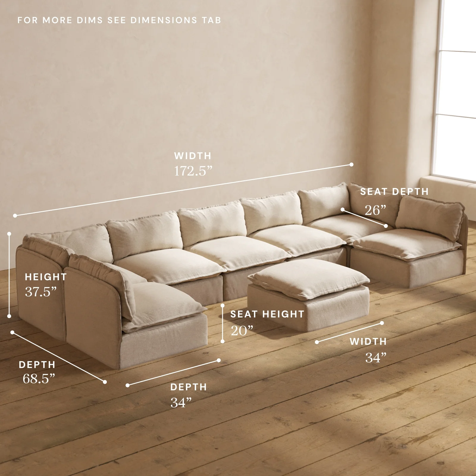 Modular Washable 7-Seater Open-Ends U-Sectional + Ottoman in Oat | Deluxe+ Seat | Cloud Pillow - Image 5