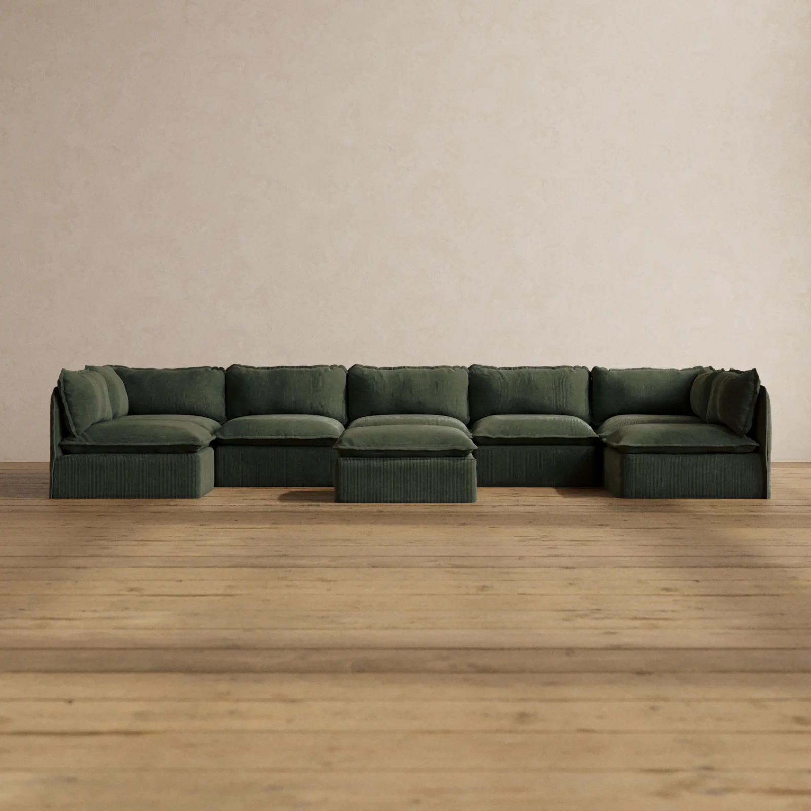 Modular Washable 7-Seater Open-Ends U-Sectional + Ottoman in Olivine | Deluxe+ Seat | Cloud Pillow