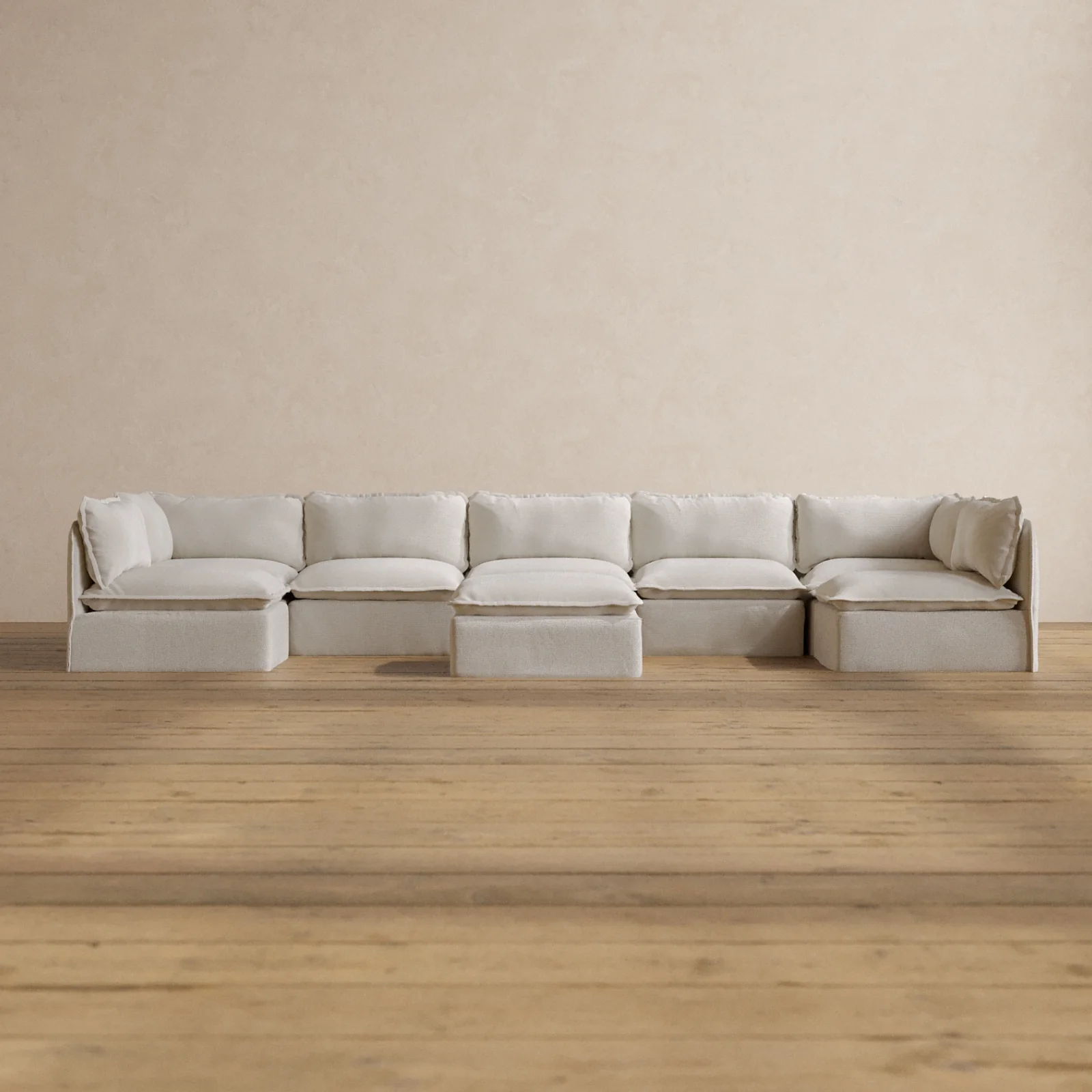 Modular Washable 7-Seater Open-Ends U-Sectional + Ottoman in Powder | Memorix+ Seat | Contour Pillow